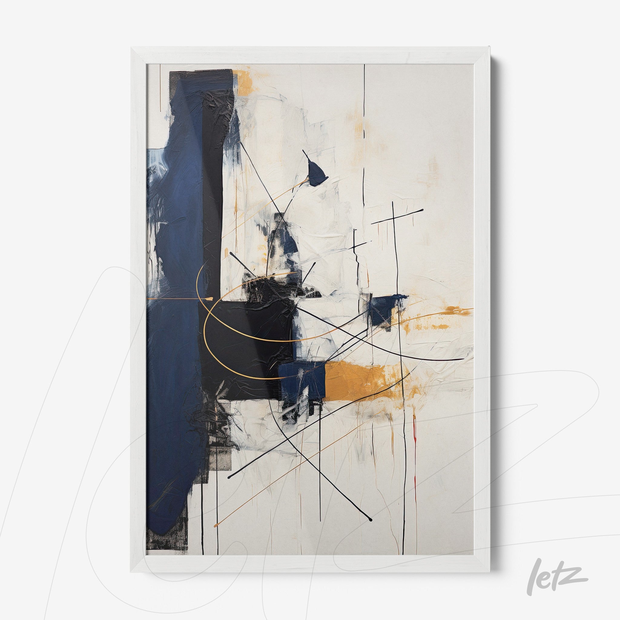 abstract artwork featuring geometric shapes in shades of blue and gold, framed in white