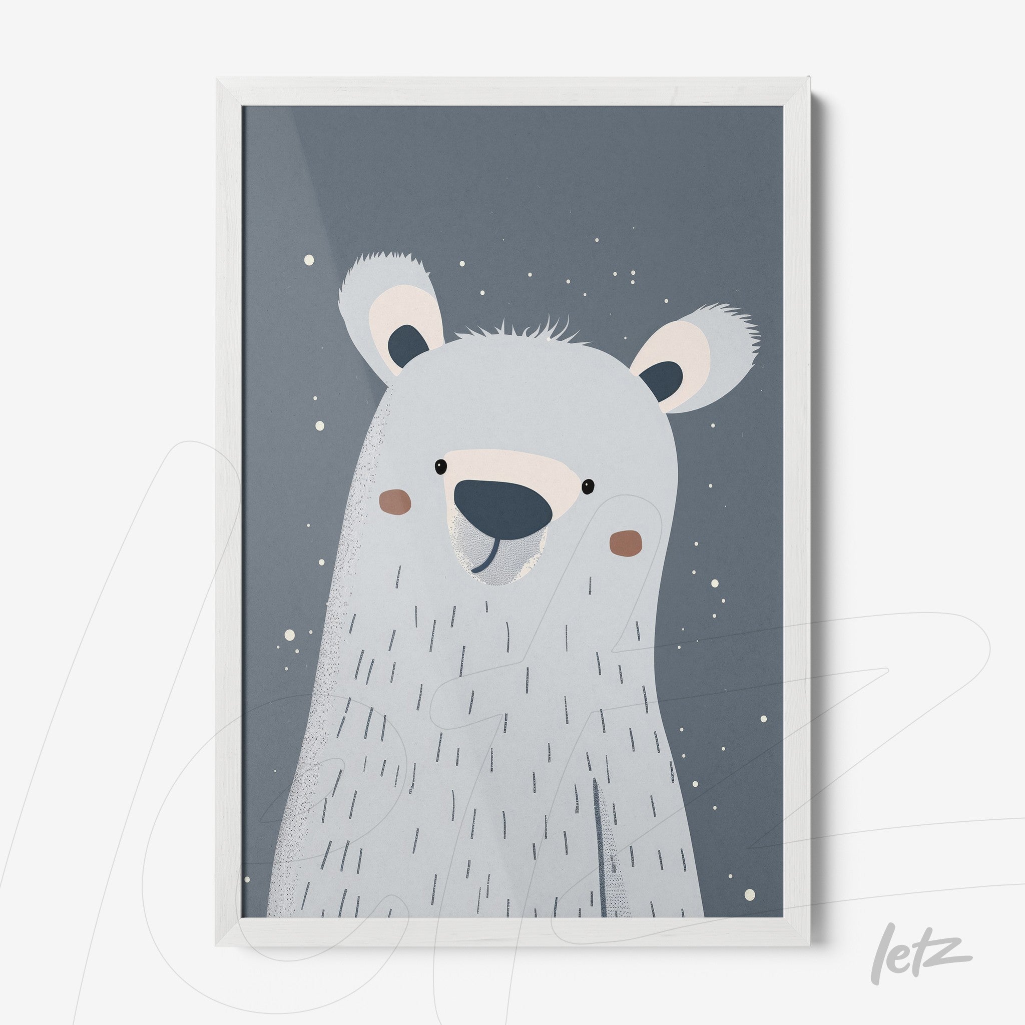 framed children's illustration of a polar bear with white frame