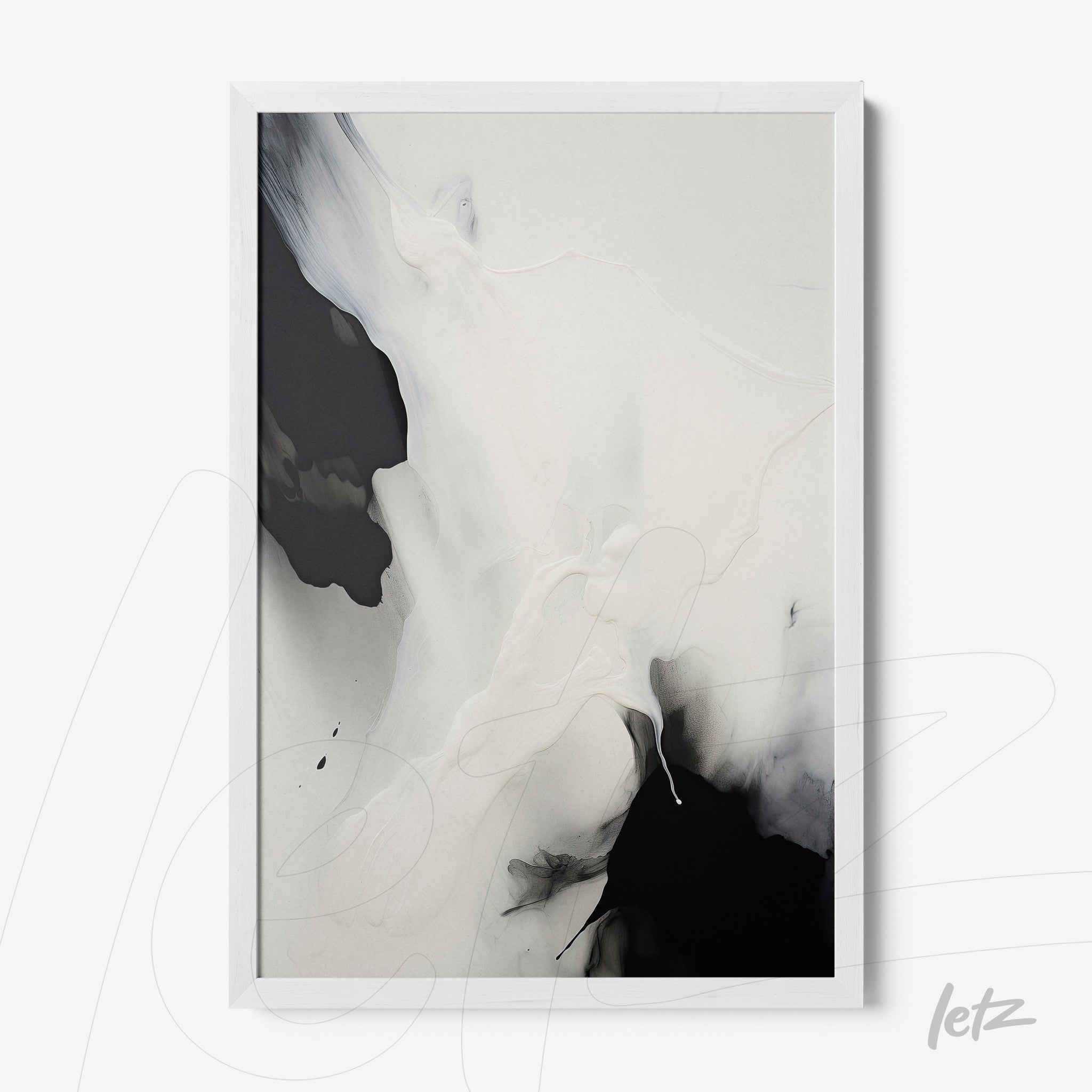 abstract artwork in neutral tones with black and white predominance in white frame