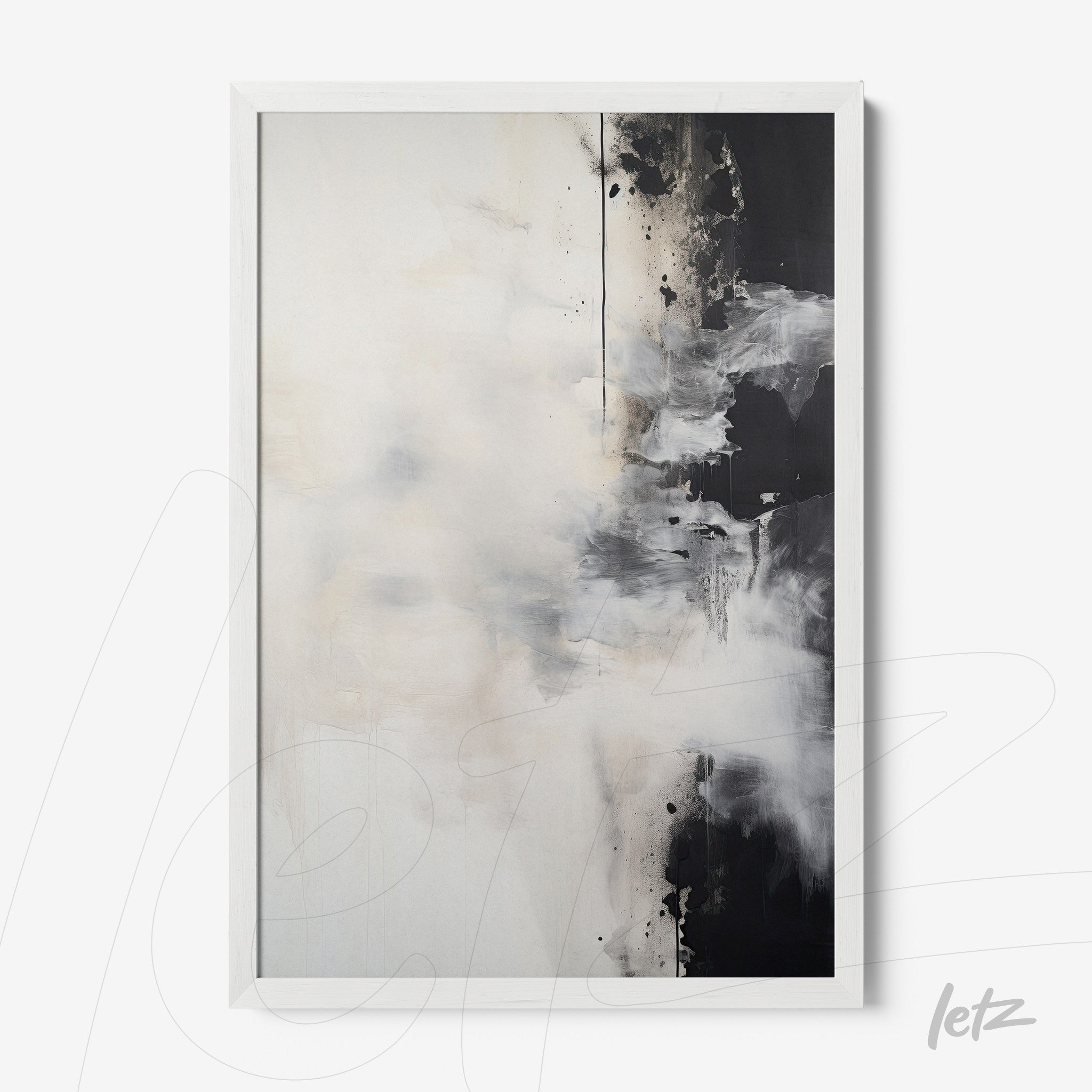 abstract art print in white frame featuring shades of black, gray, and beige