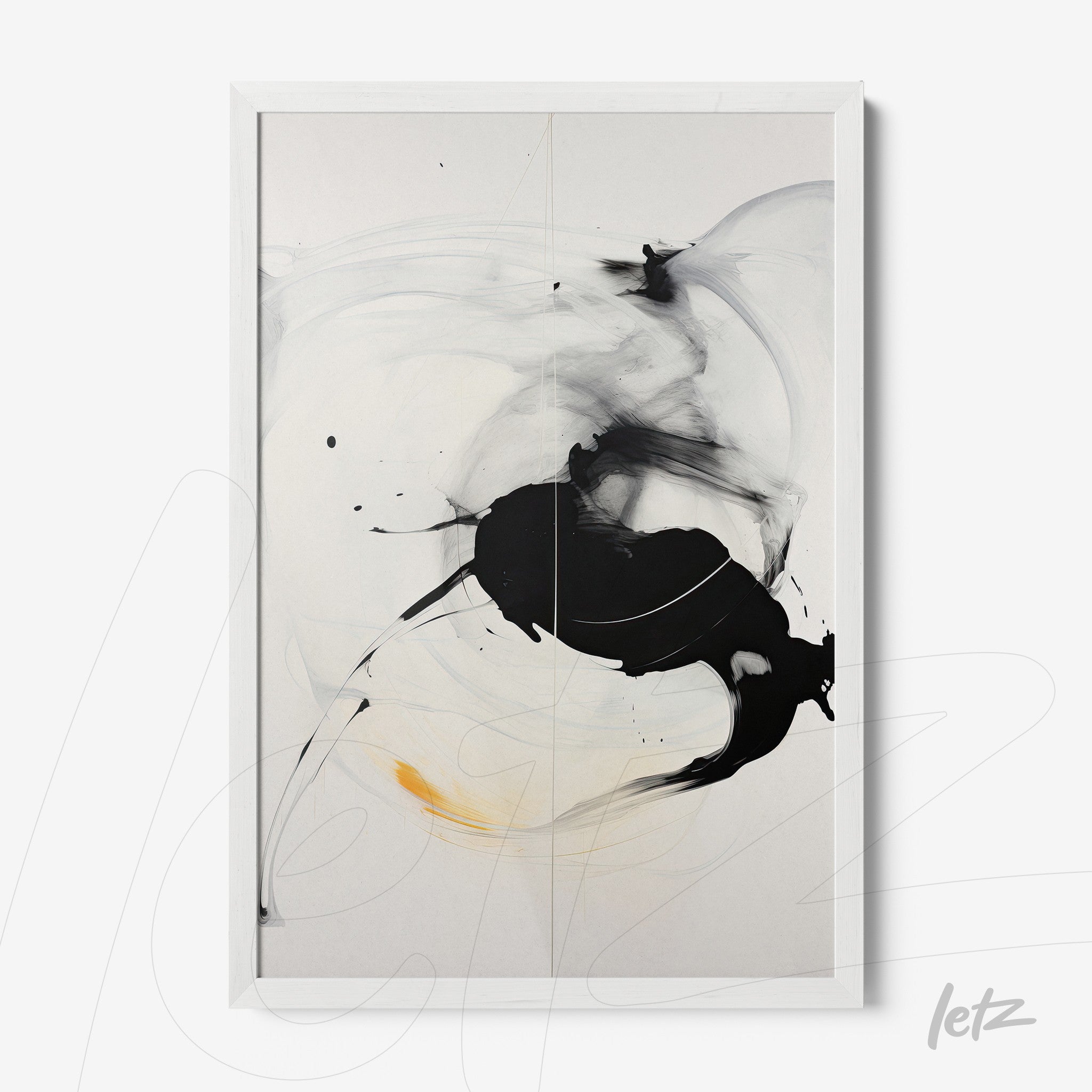 abstract wall art in black and white with a touch of yellow, framed in white