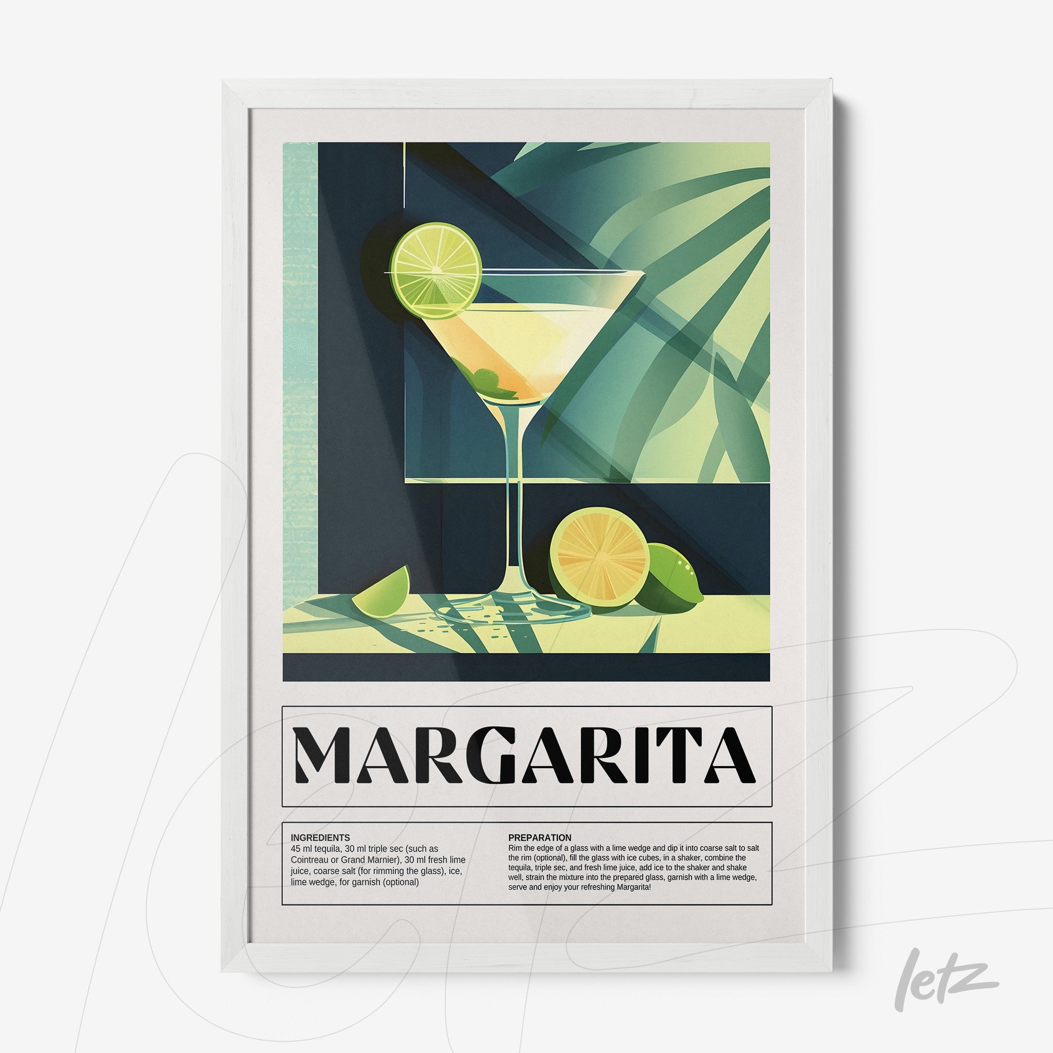 framed digital art of margarita cocktail with geometric elements and limes in the background