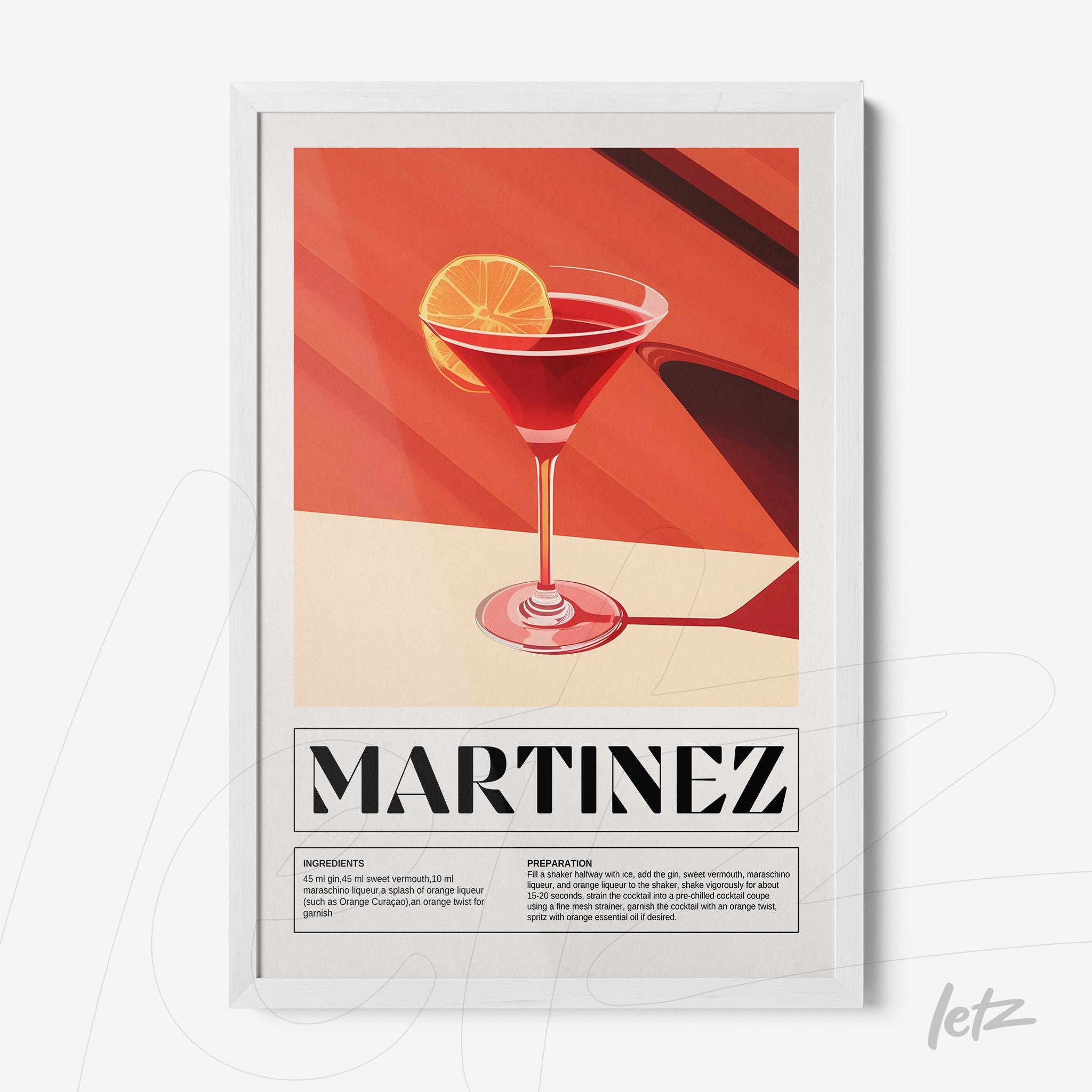modern wall art illustration of martinez cocktail in white frame