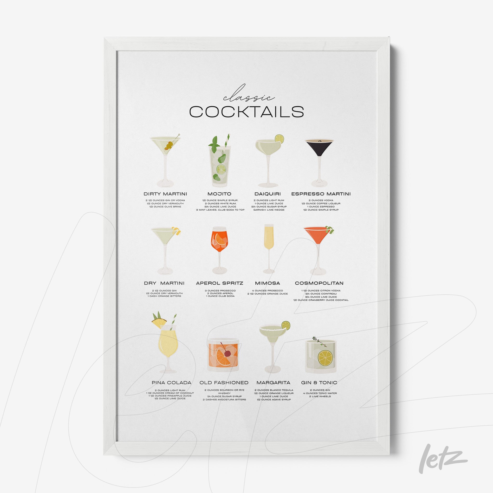 framed wall art featuring illustrations of classic cocktails including martinis, mojito, and cosmopolitan on a light background with stylish typography