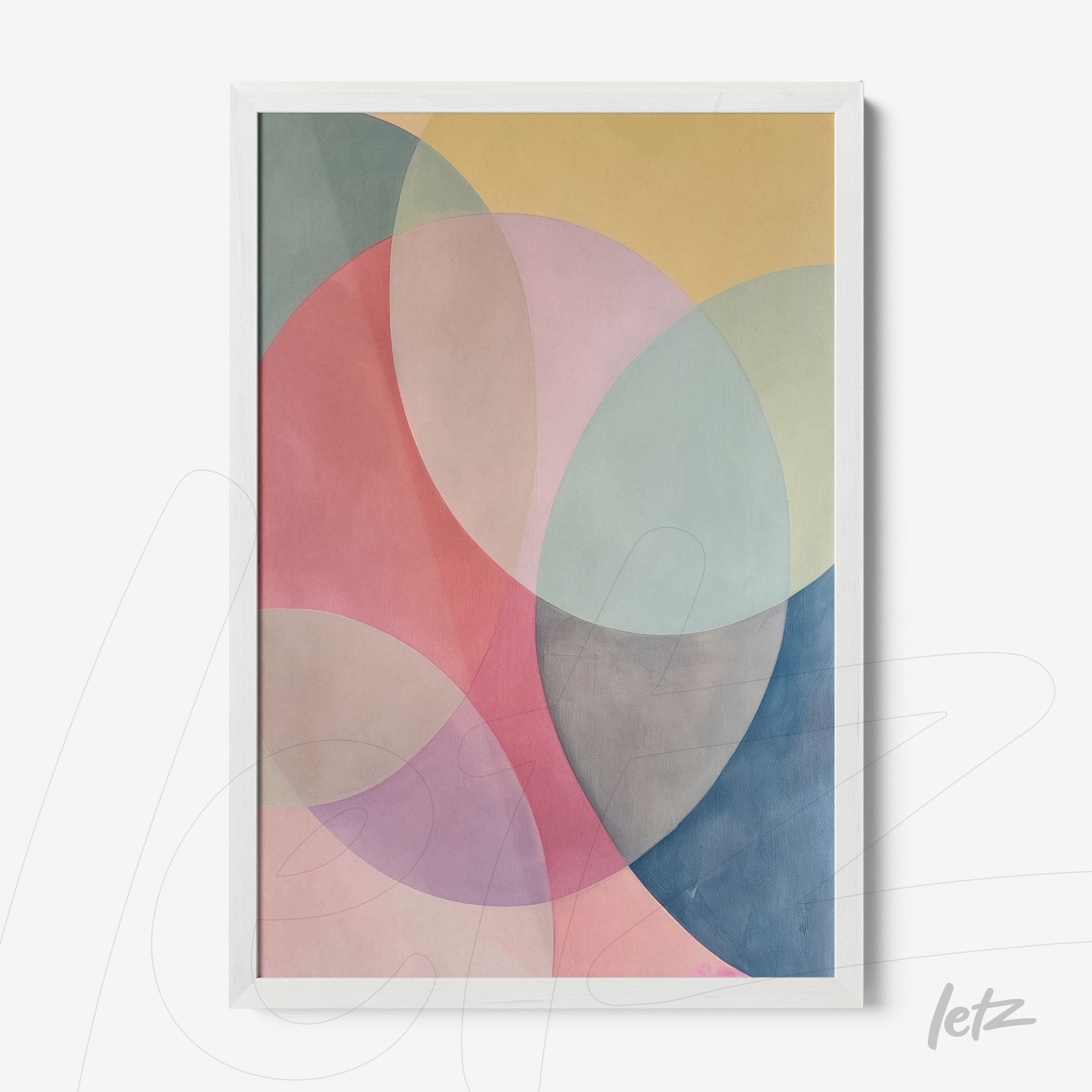 abstract art piece in pastel colors featuring oval shapes against a yellow background, framed with a white frame