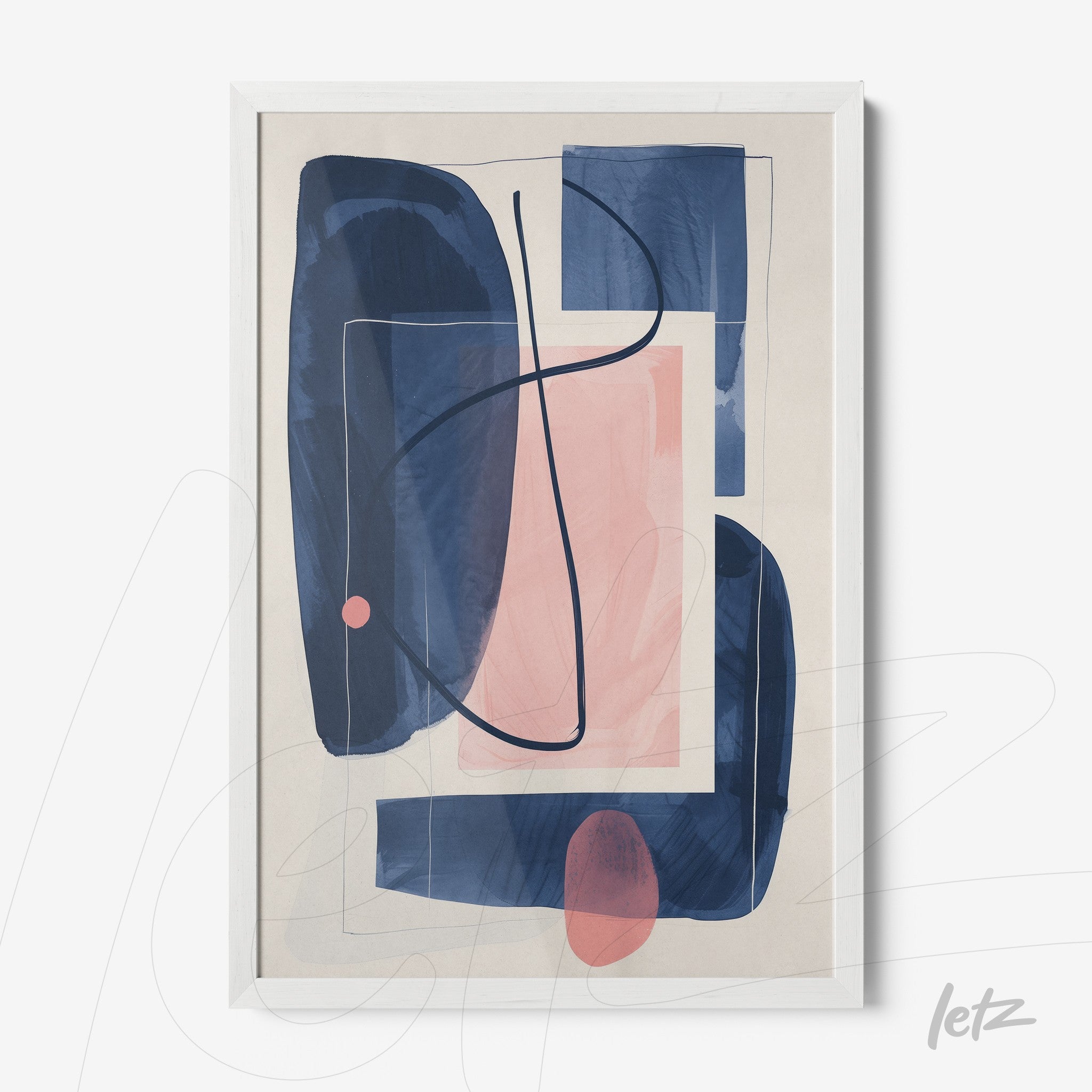 framed abstract art featuring geometric shapes in shades of blue, pink, and nude