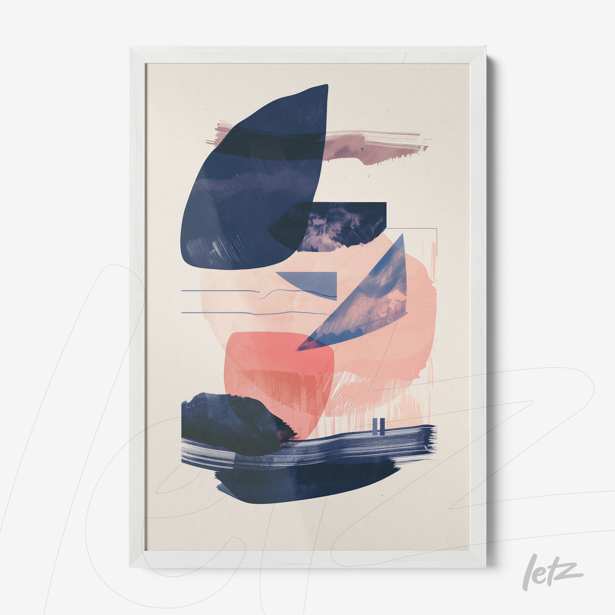 modern wall art featuring abstract compositions in shades of pink and blue, framed in white