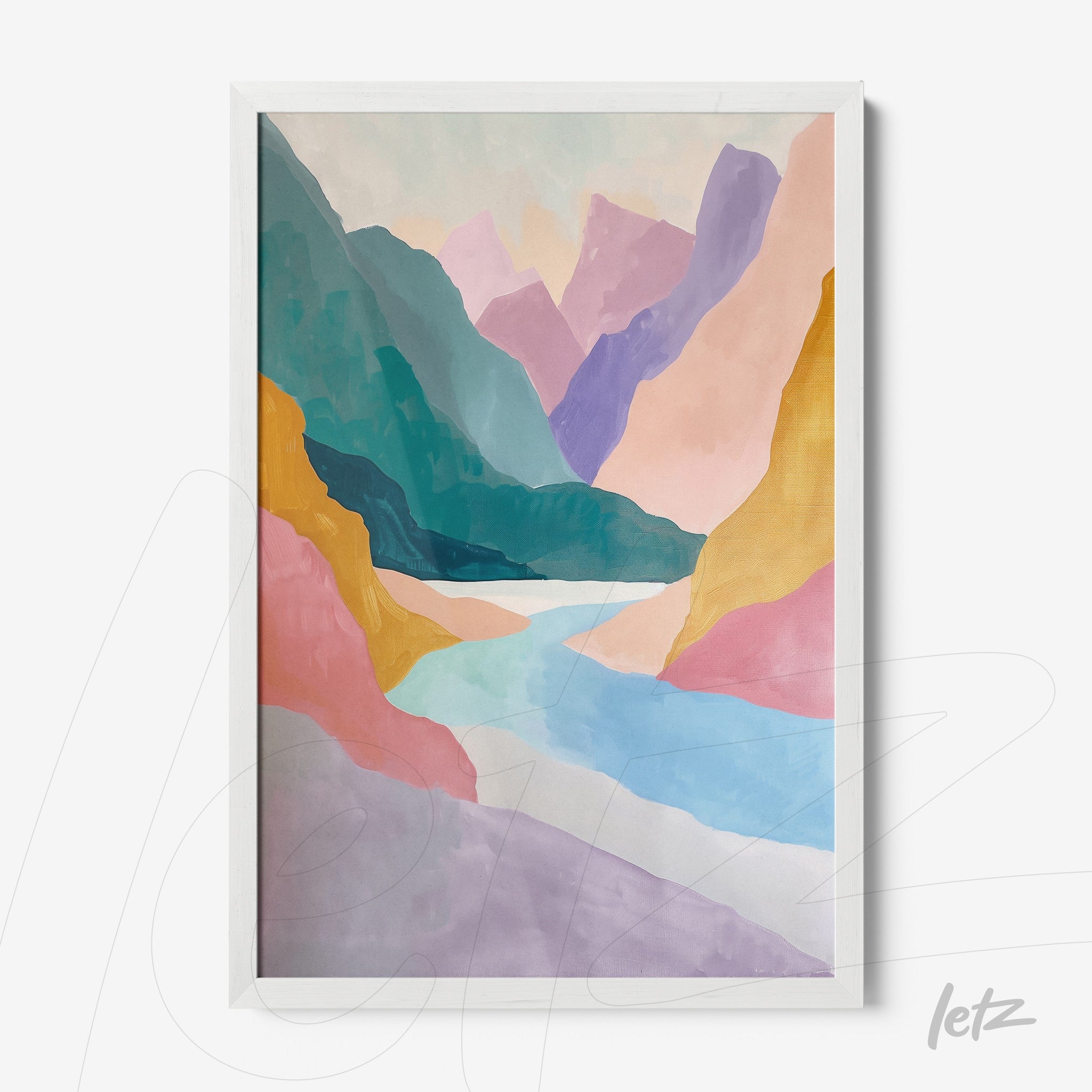 framed abstract art piece of a mountain landscape in soft colors