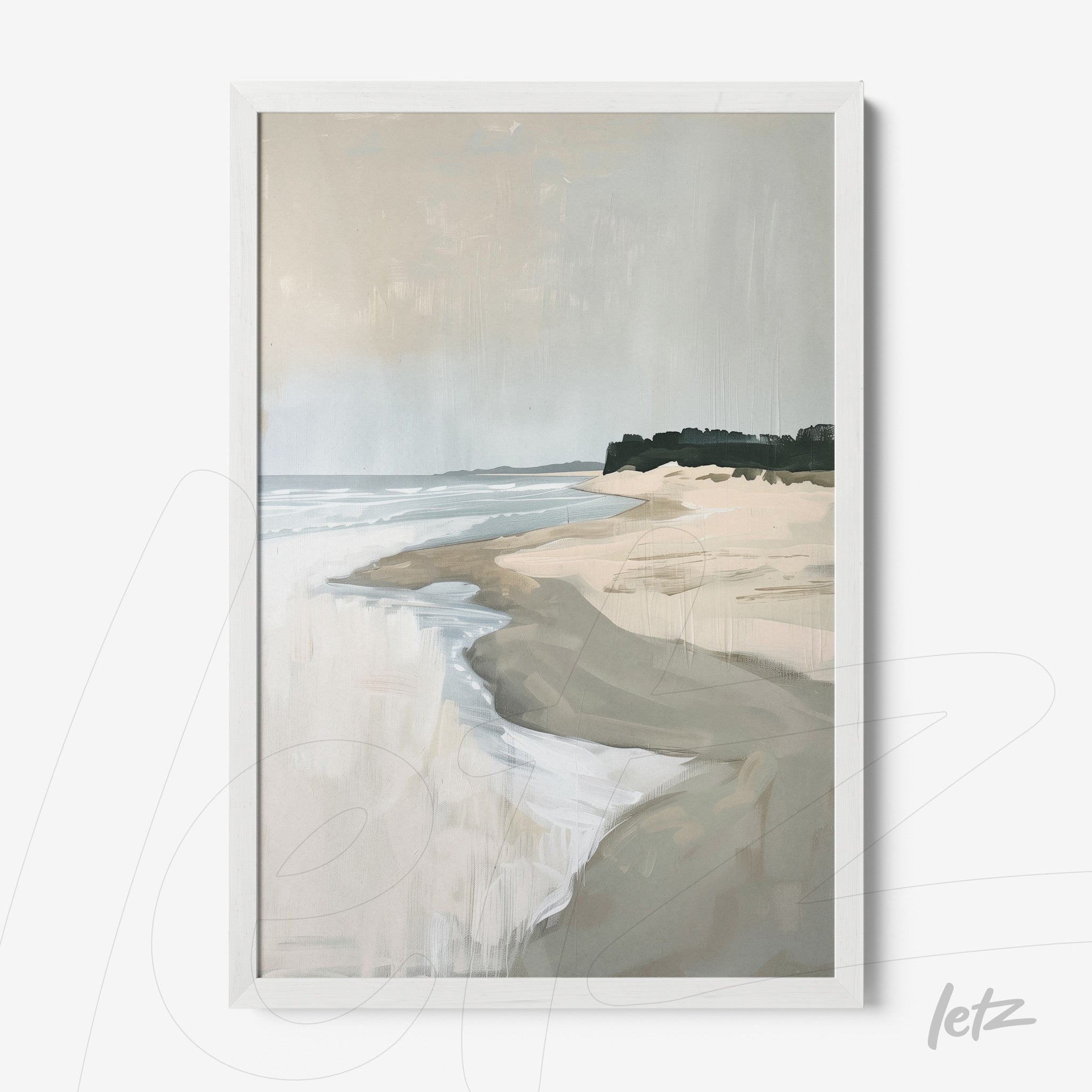 framed art piece depicting a serene abstract beach scene with white frame