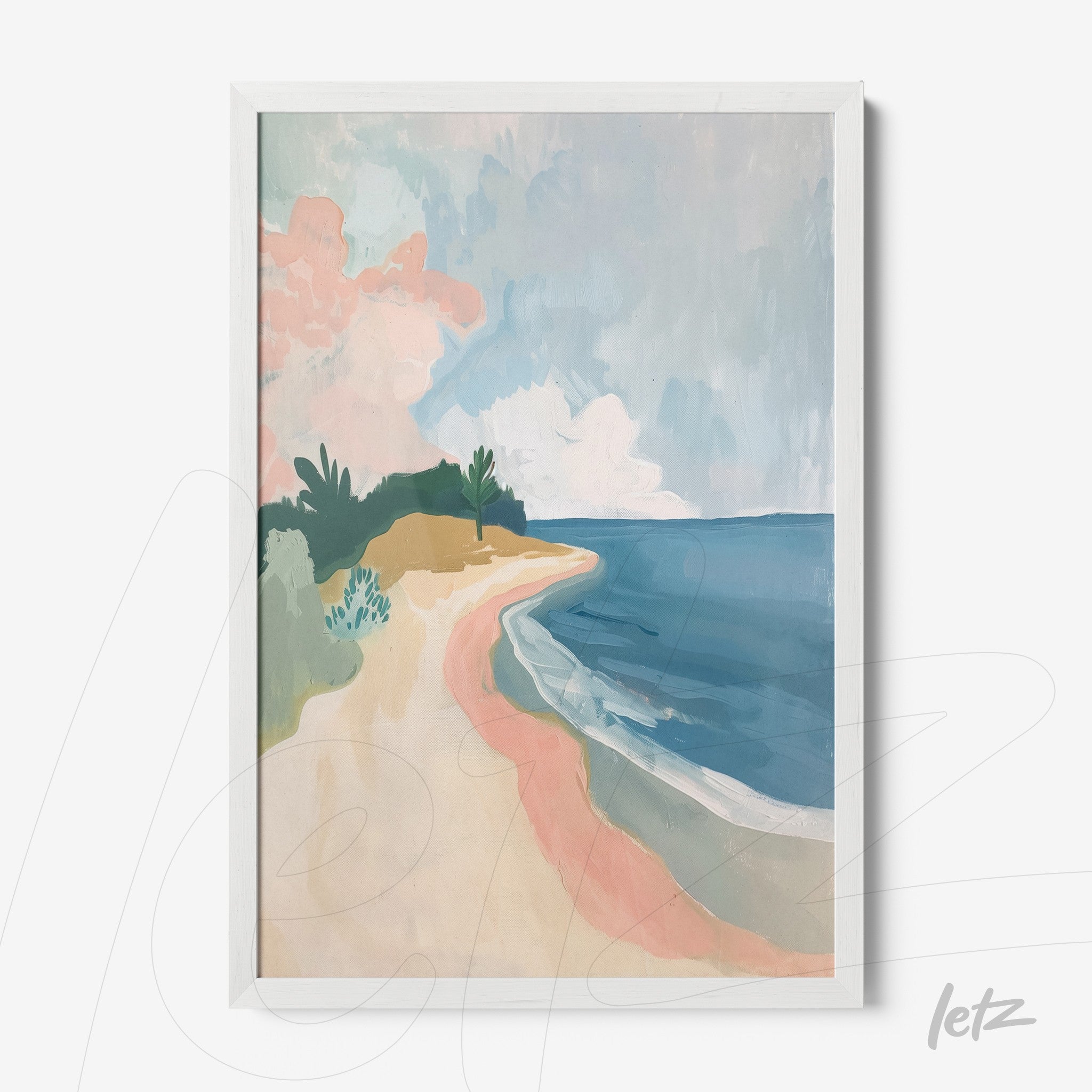 framed wall art featuring a beach landscape with a white frame, depicting the coastline with blue sky and pink clouds