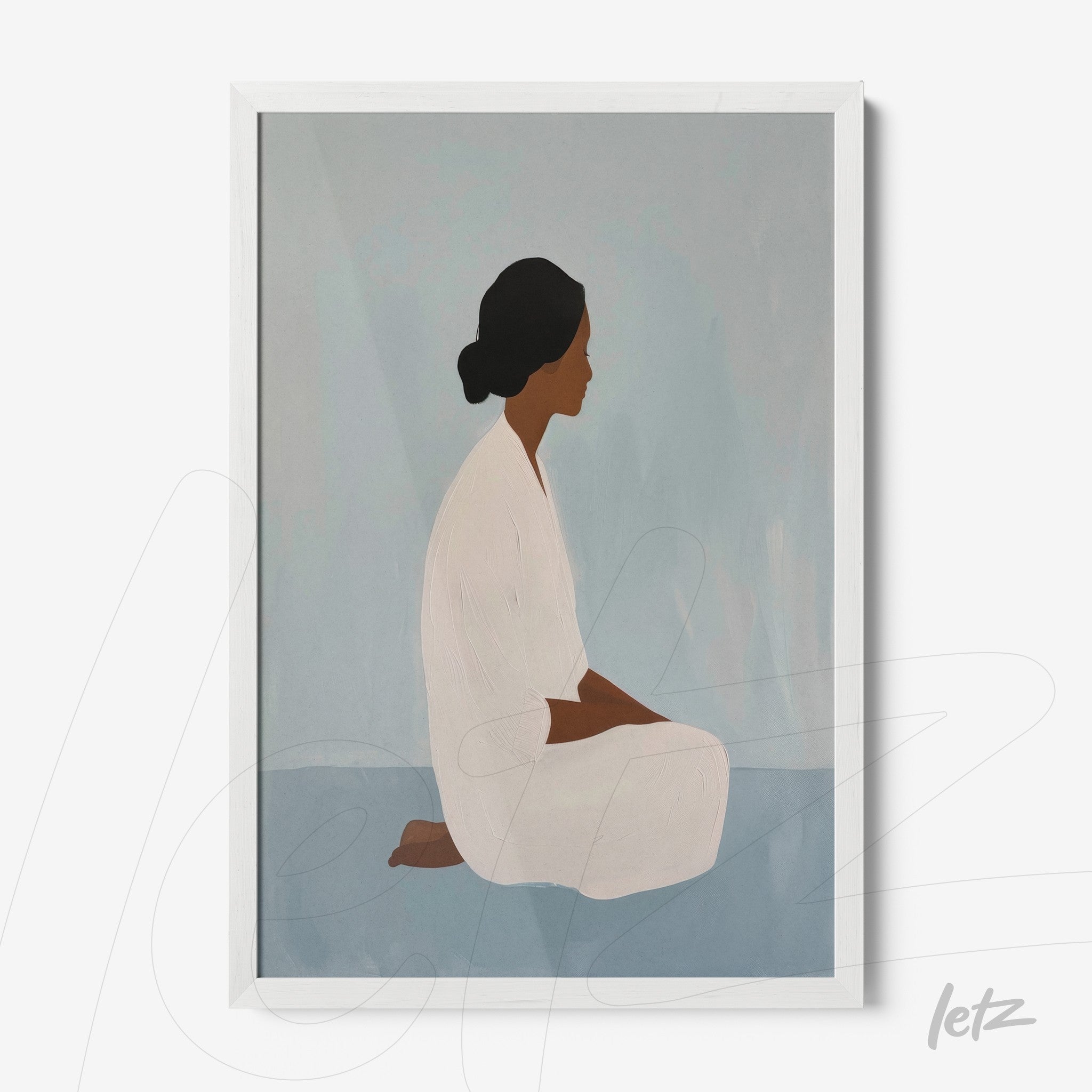 framed minimalist art of a woman in profile wearing a white robe against a soft blue background