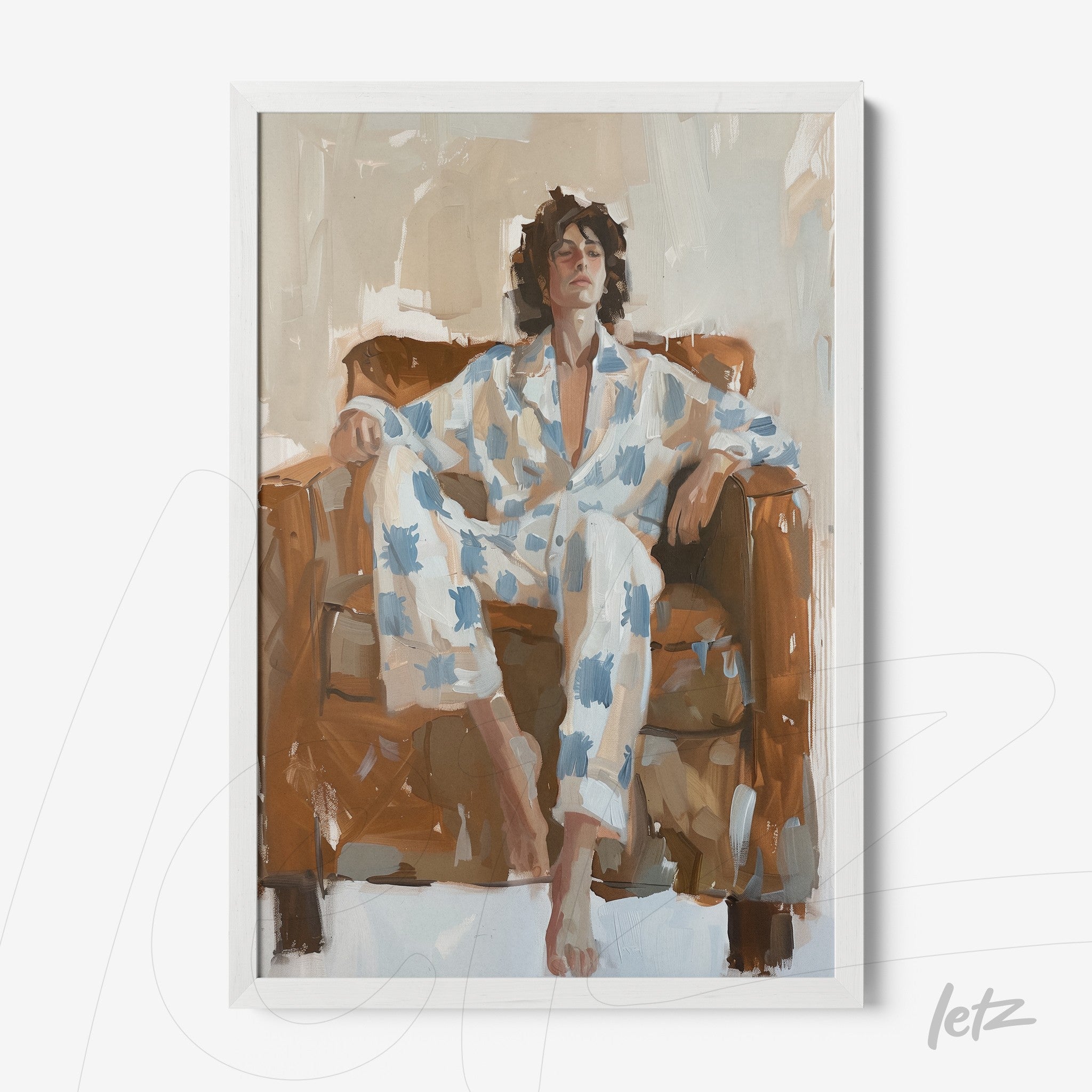 framed artwork of a man lounging on a sofa, dressed in light blue and white patterned pajamas