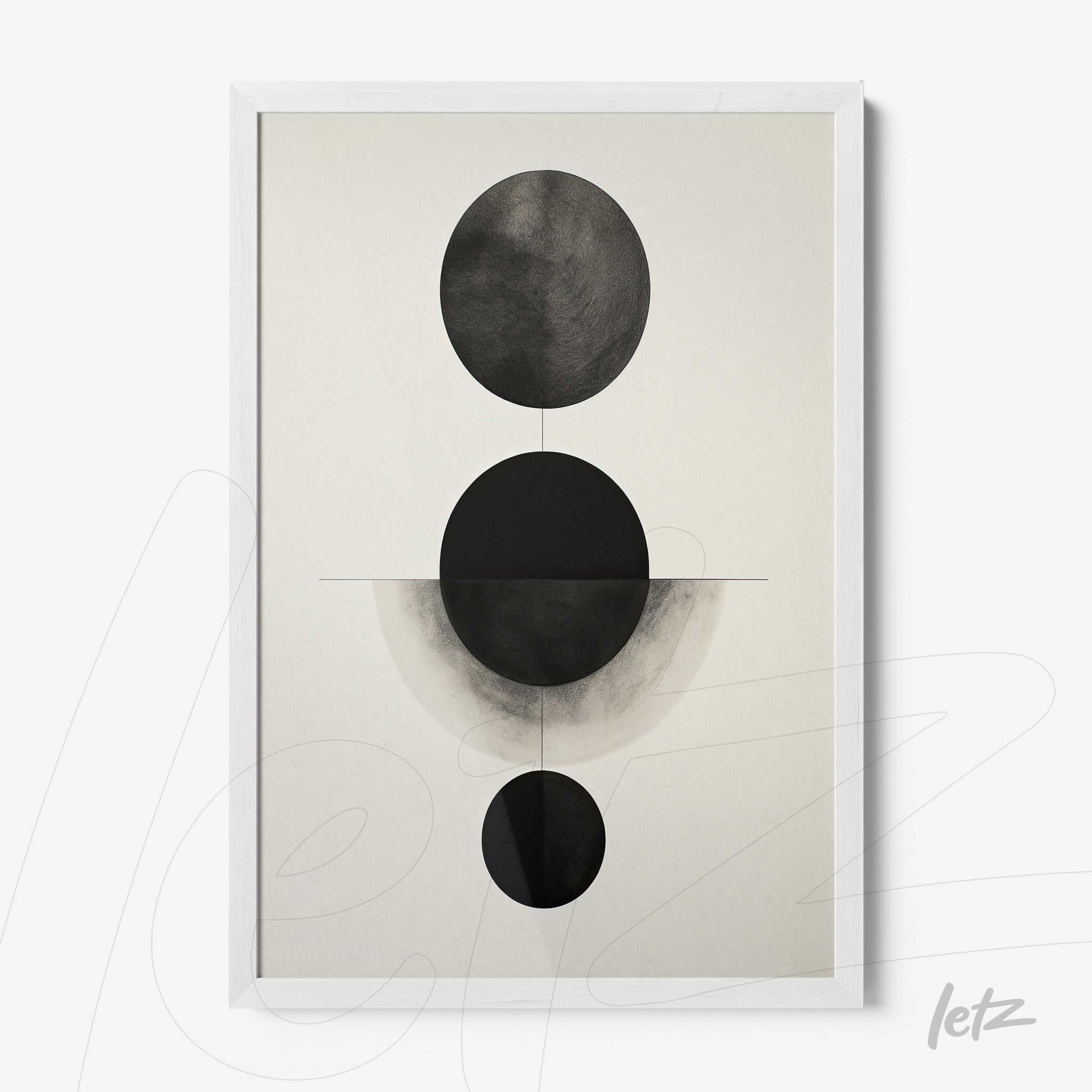 framed art piece featuring abstract geometric shapes in black and white with a white frame