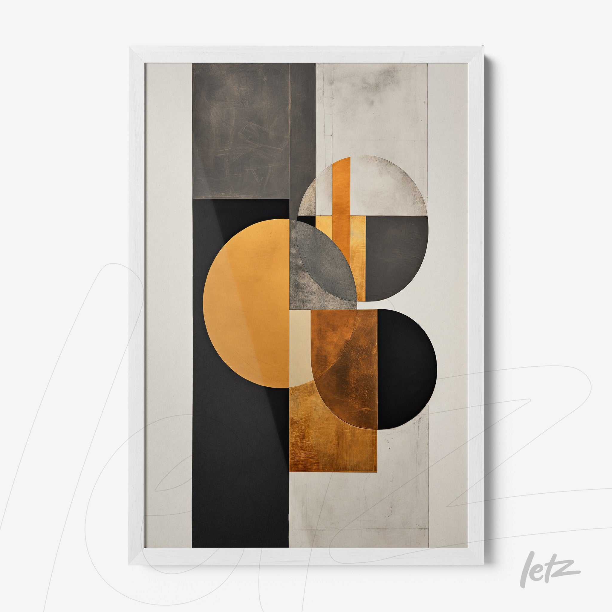 framed artwork featuring geometric design in gold and black with circular shapes on a neutral textured background