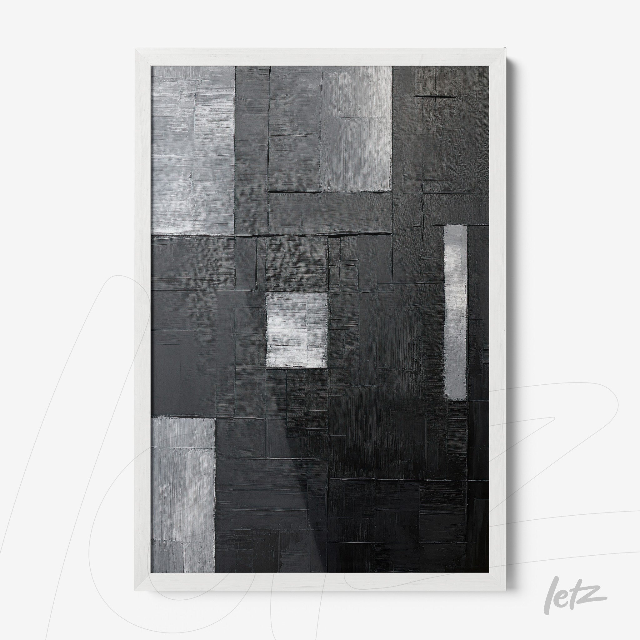 abstract artwork in shades of gray and black with a white frame