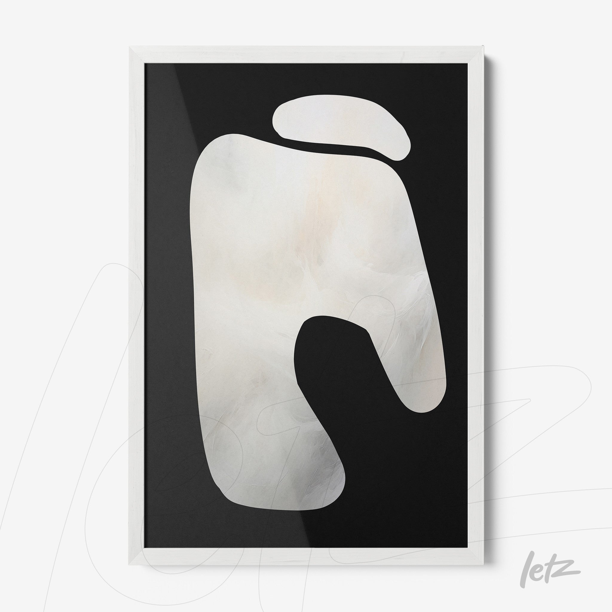 abstract art piece in light tones on black background with white frame