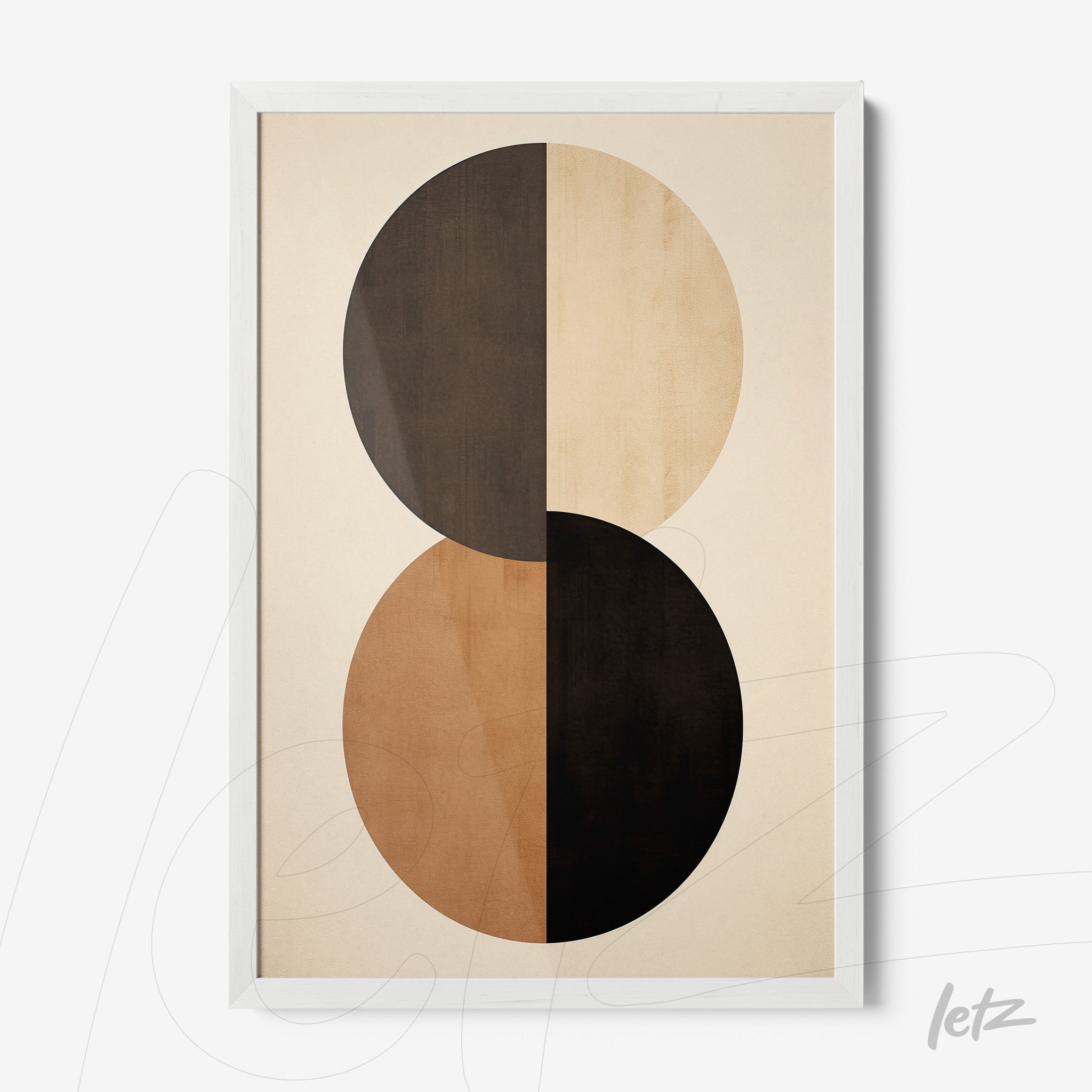framed abstract art featuring two circular shapes in earthy tones on light background