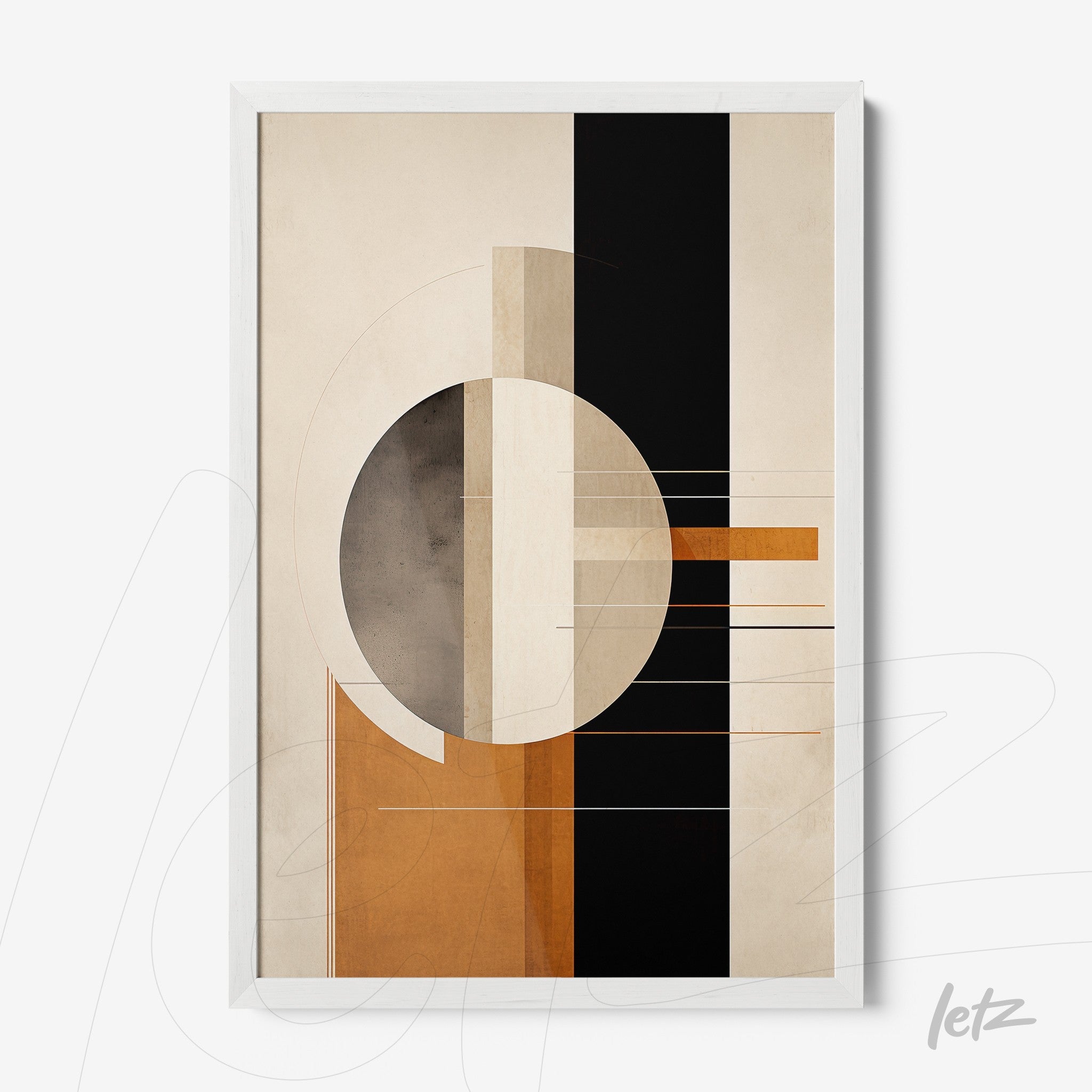 framed abstract art featuring geometric shapes in shades of orange and black with white frame