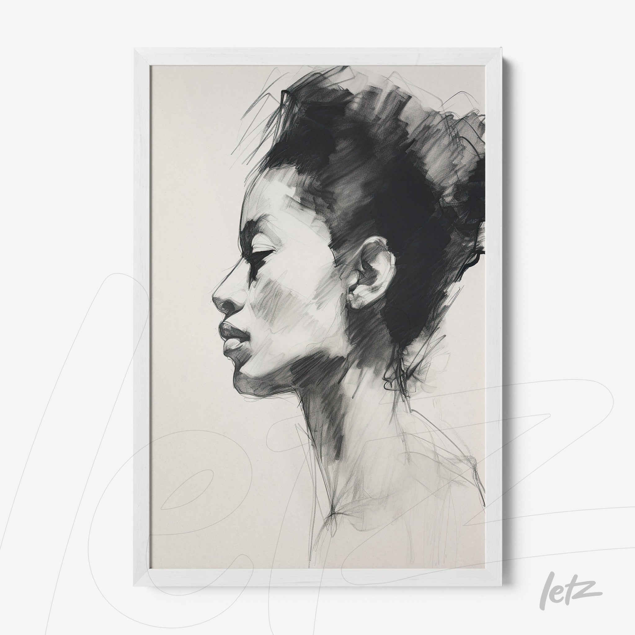 framed wall art featuring a profile portrait of a woman with black strokes on a light background