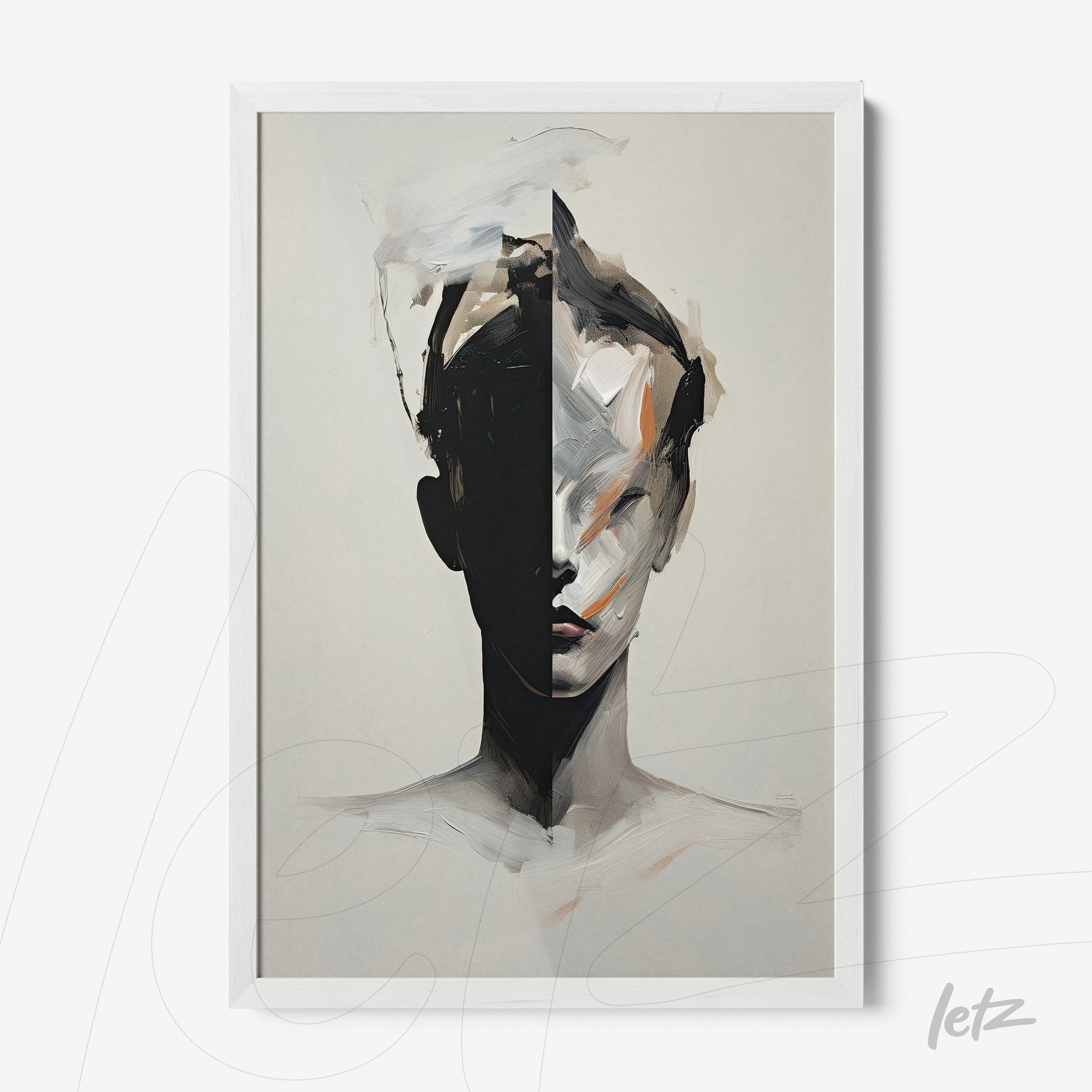 abstract artwork of a human face split in shades of black and nude with a white frame