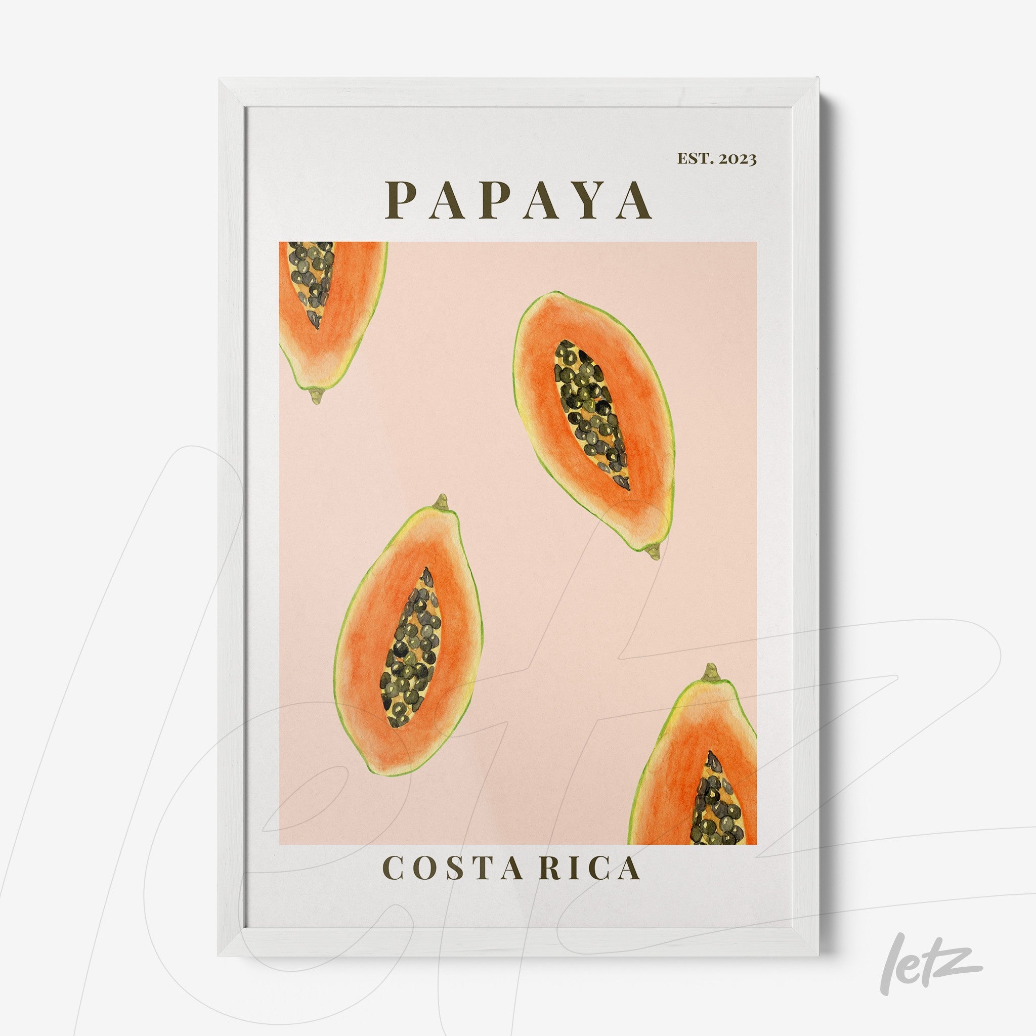 decorative wall art featuring illustrations of papaya slices on pink background with white frame and stylized text 'PAPAYA COSTA RICA EST. 2023'