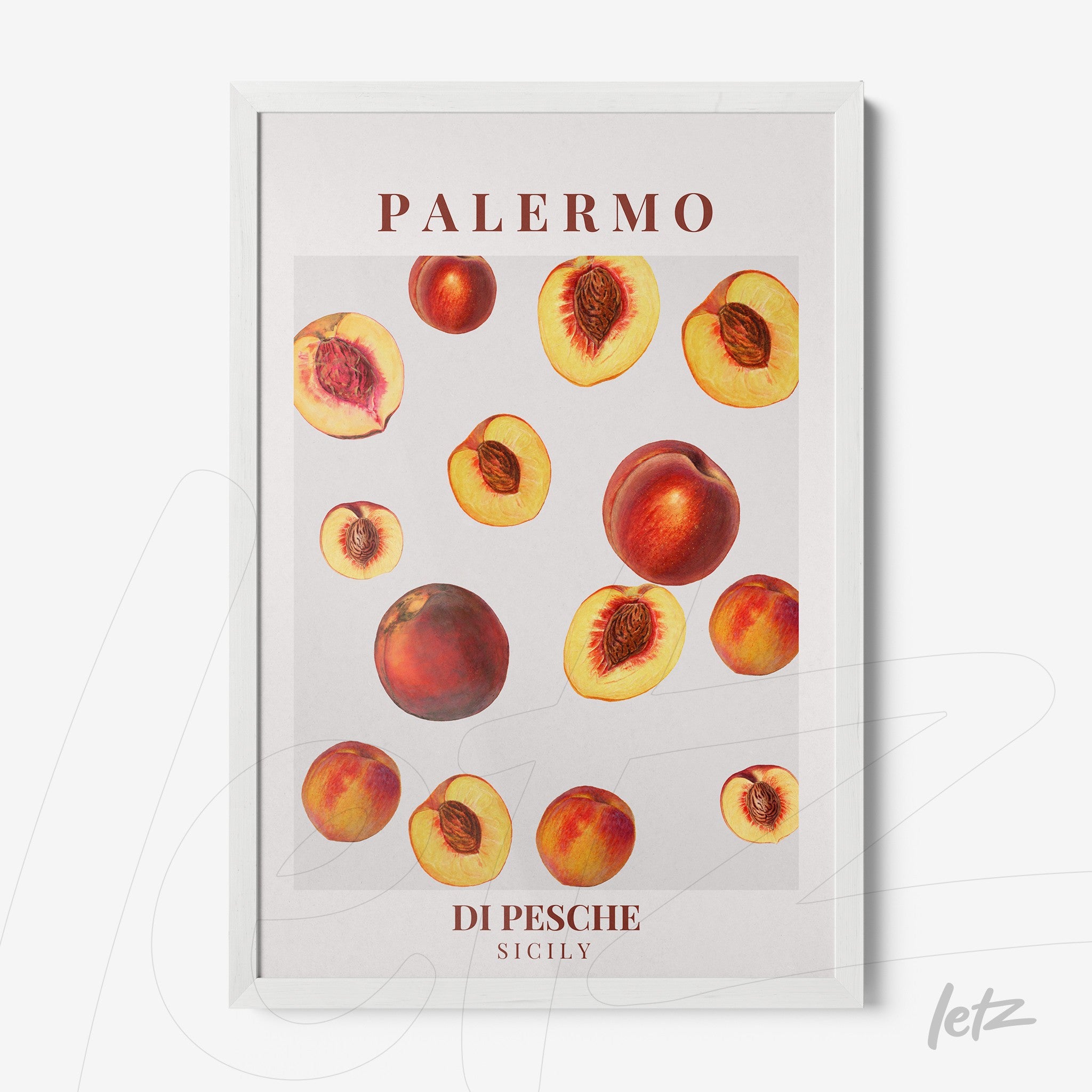 framed wall art featuring illustrations of peaches on a light background with a white frame