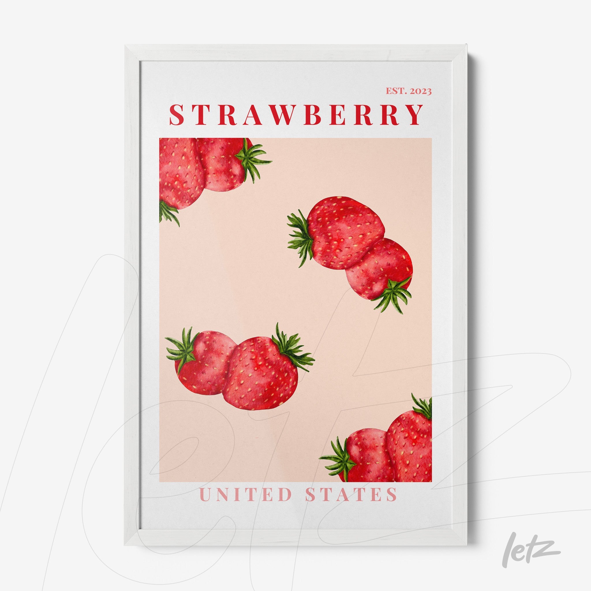 framed artwork featuring strawberries on a pink background with white frame