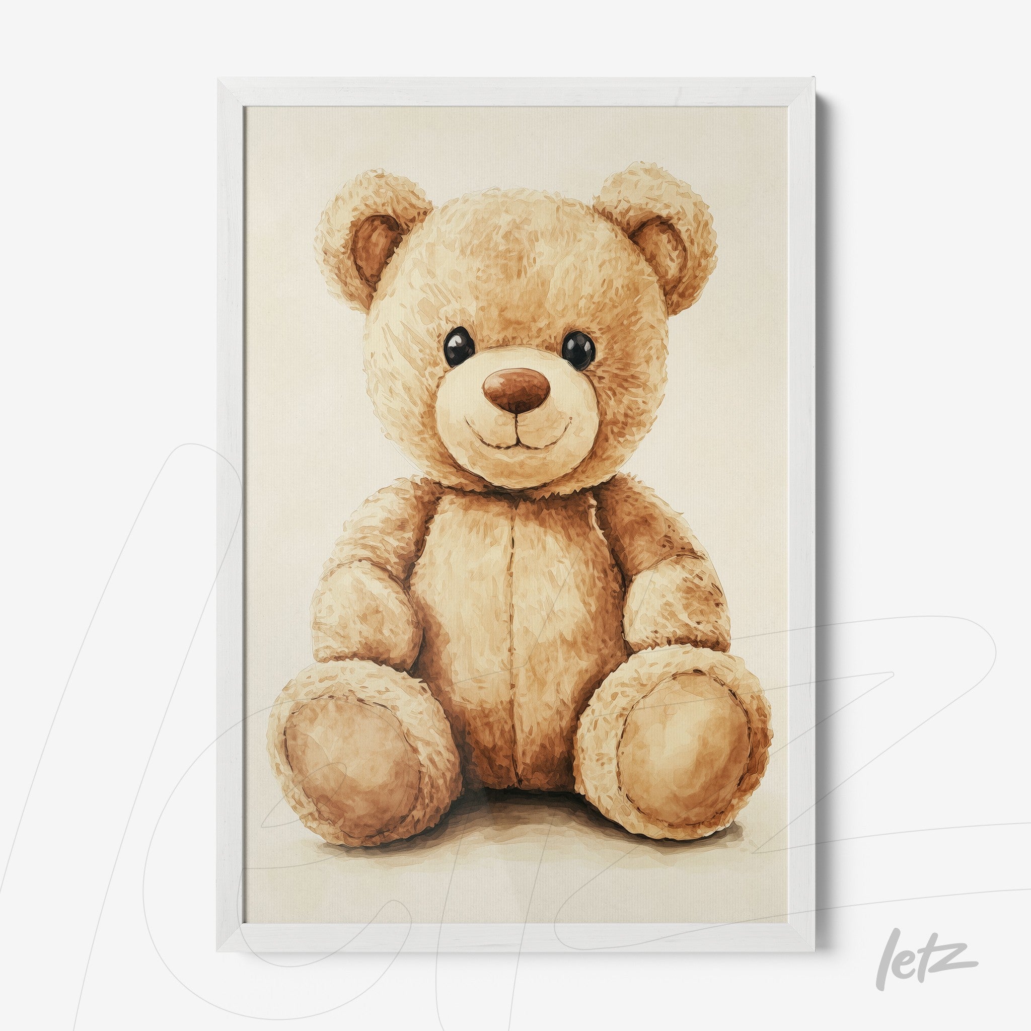 teddy bear art in white frame against neutral background