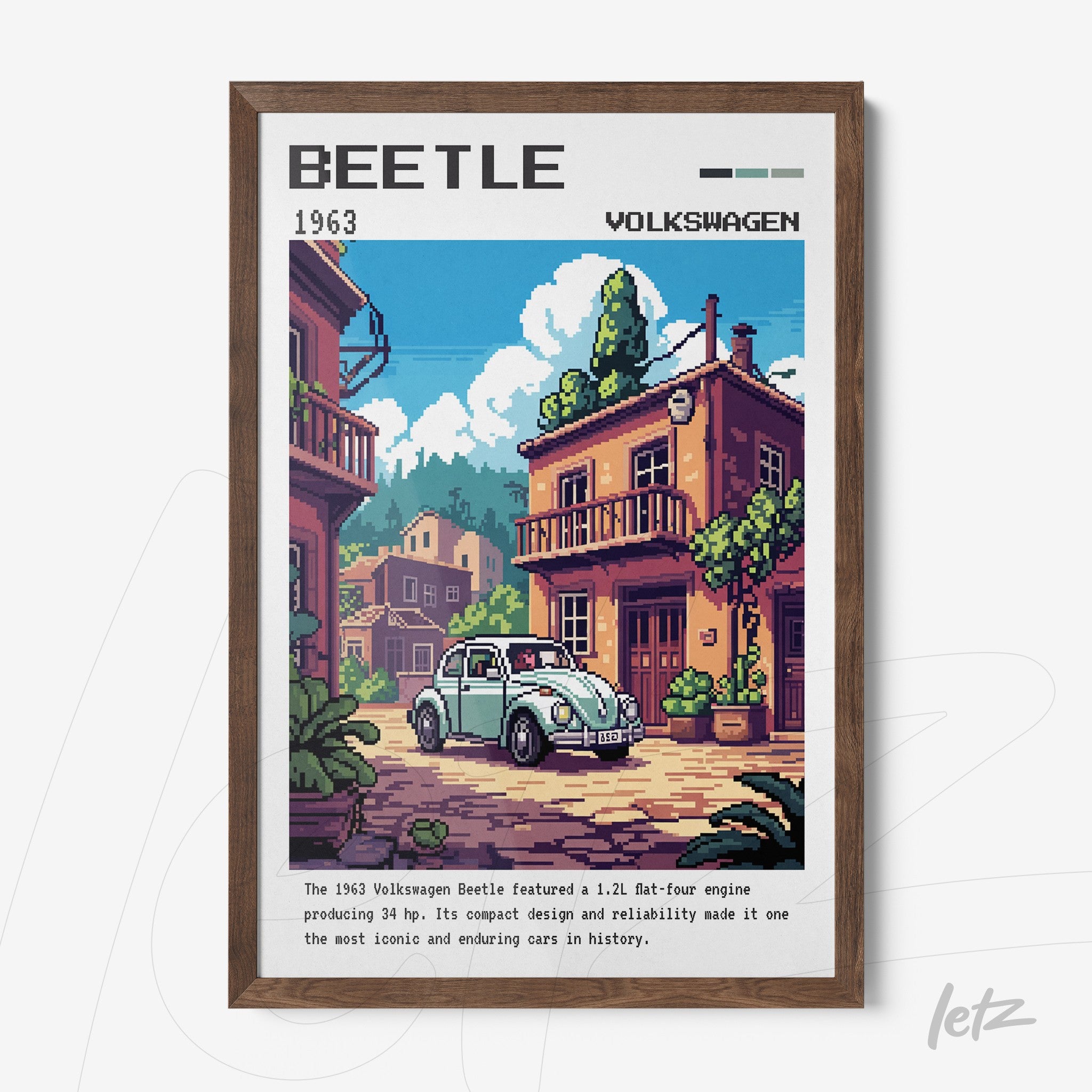 framed digital art of the 1963 Volkswagen Beetle in a colorful urban setting with retro-style buildings