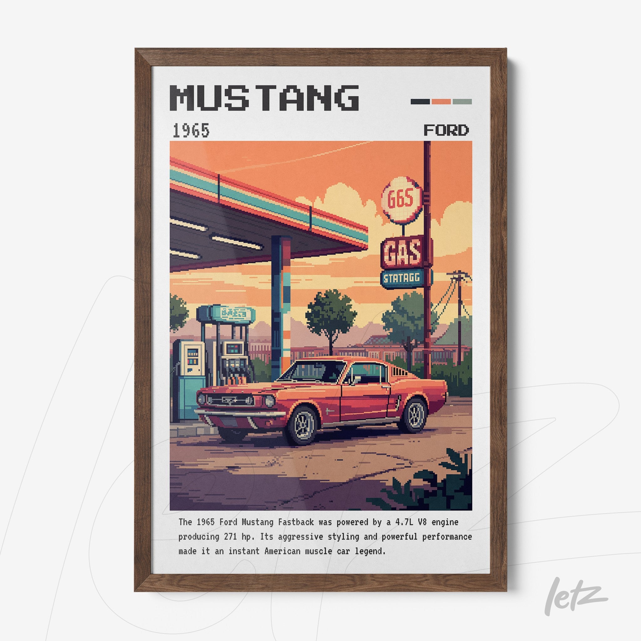 pixel art framed print of a 1965 Ford Mustang parked at a gas station with dark wooden frame
