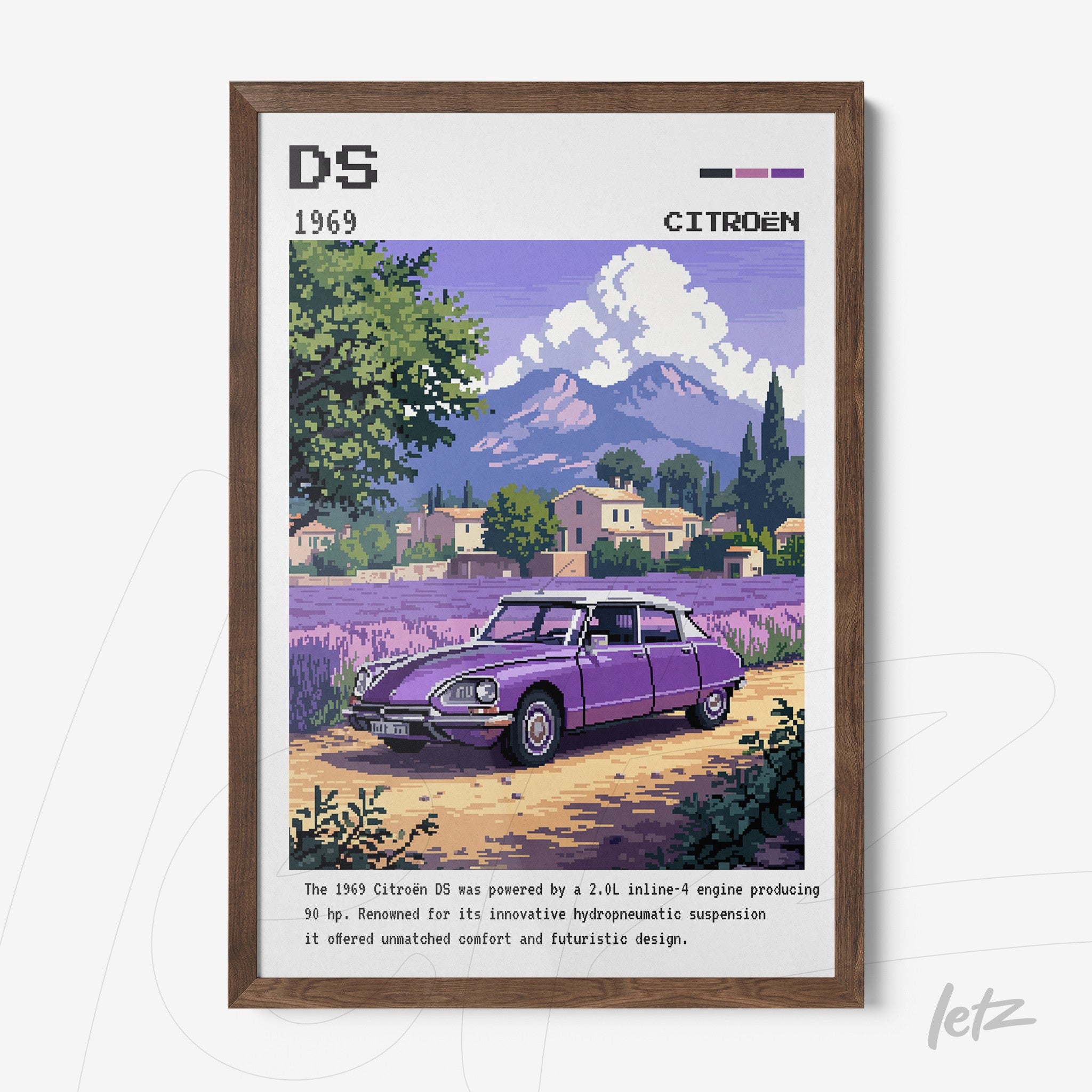framed digital art of the 1969 Citroën DS car with a dark wooden frame, set against a rural landscape with mountains in the background