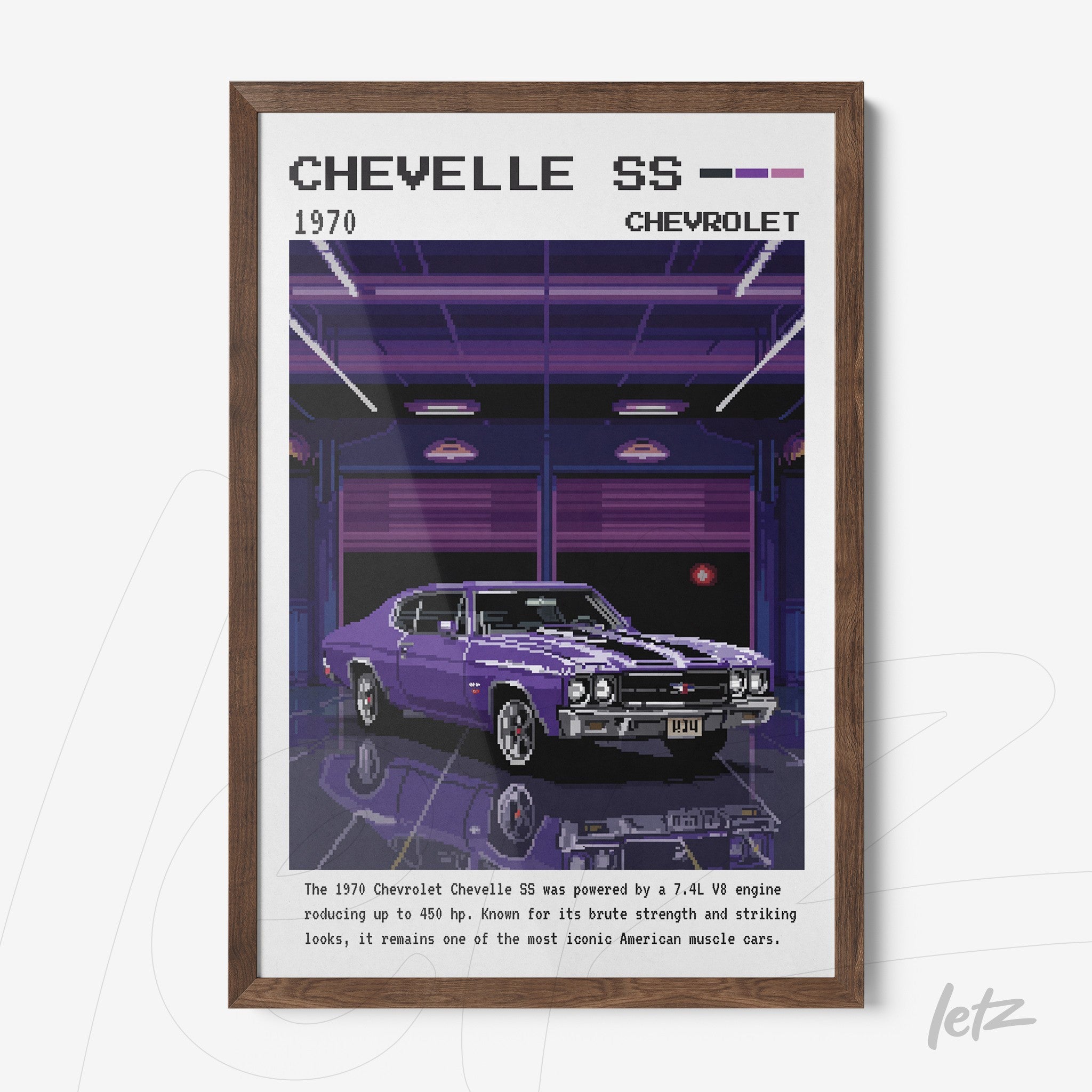 retro style framed wall art featuring a digital illustration of a 1970 Chevelle SS car with dark wooden frame