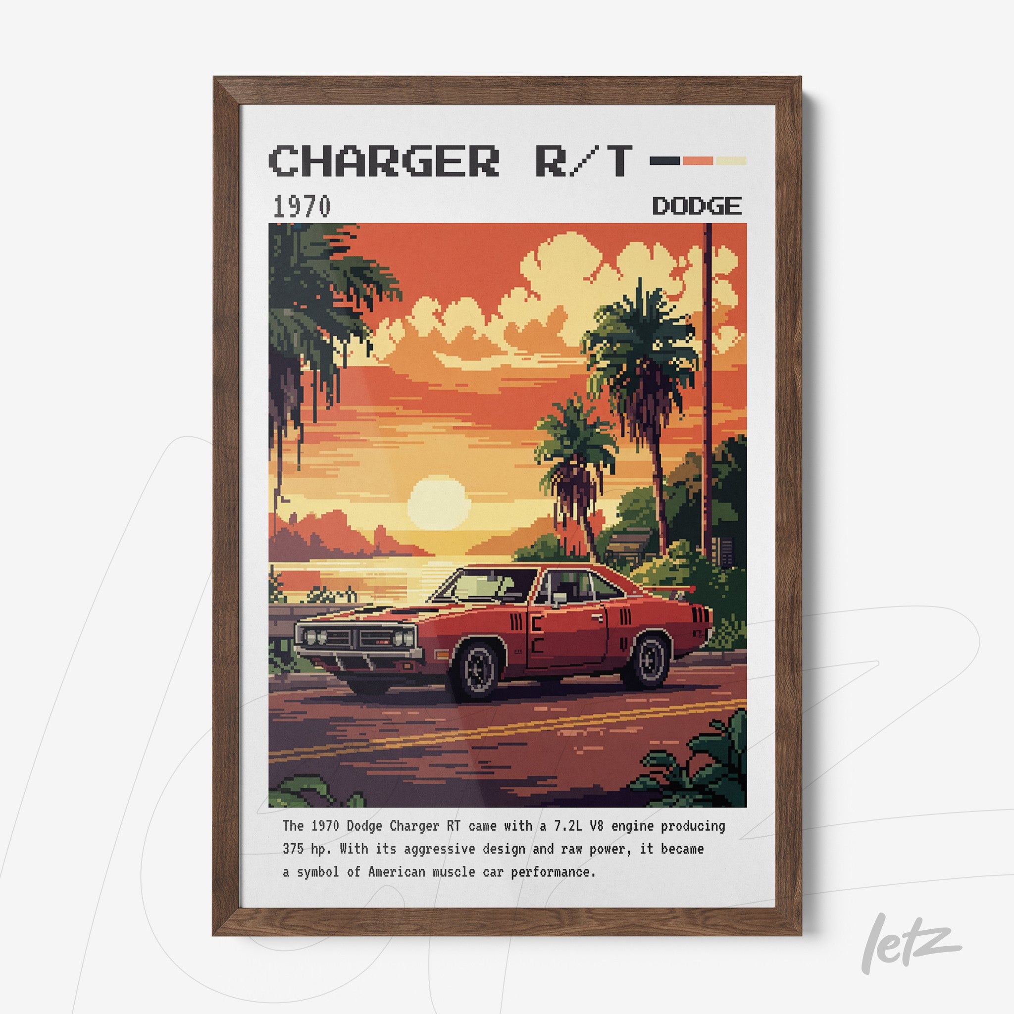 pixel art of a 1970 Dodge Charger R/T in front of palm trees with light wood frame