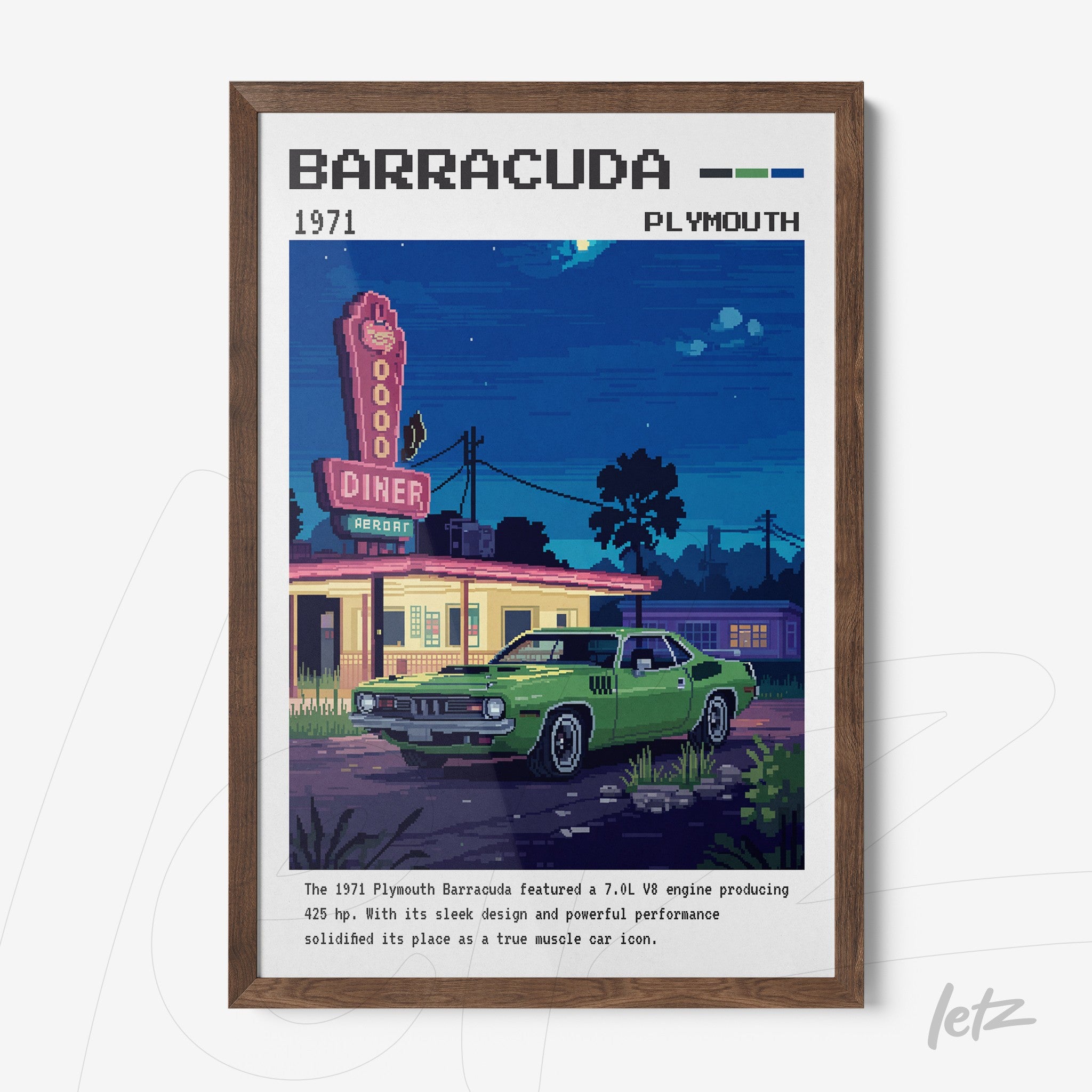 framed pixel art illustration of a green Plymouth Barracuda in front of a vintage diner with a red sign, dark wooden frame