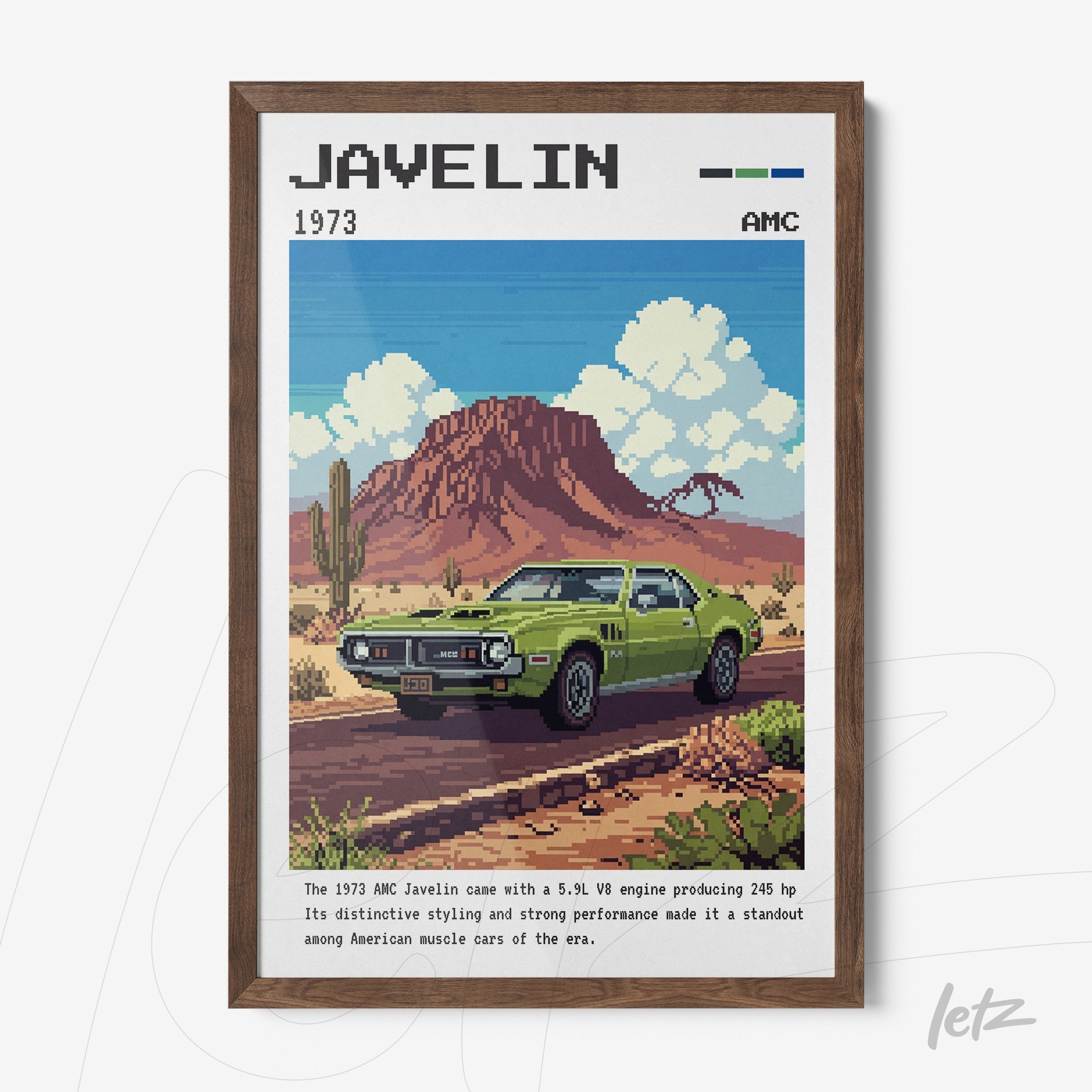 framed pixel art of a 1973 AMC Javelin in front of a mountain with a dark wooden frame