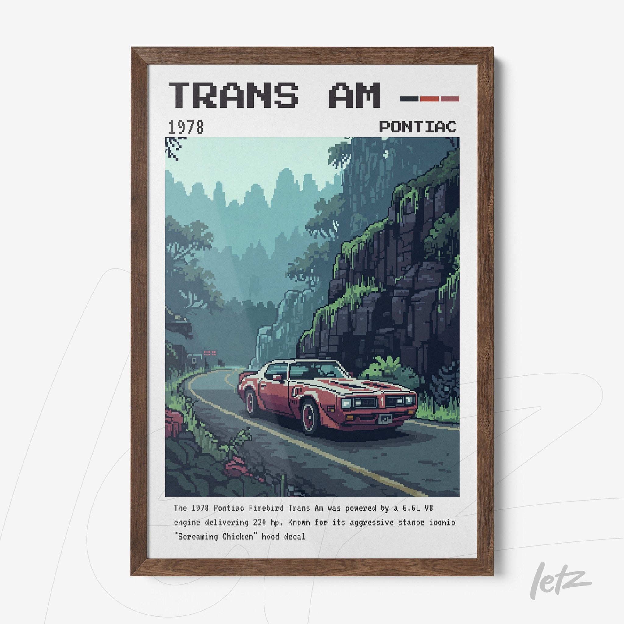 pixel art print of a 1978 Pontiac Trans Am set in a lush mountainous landscape with a dark wood frame