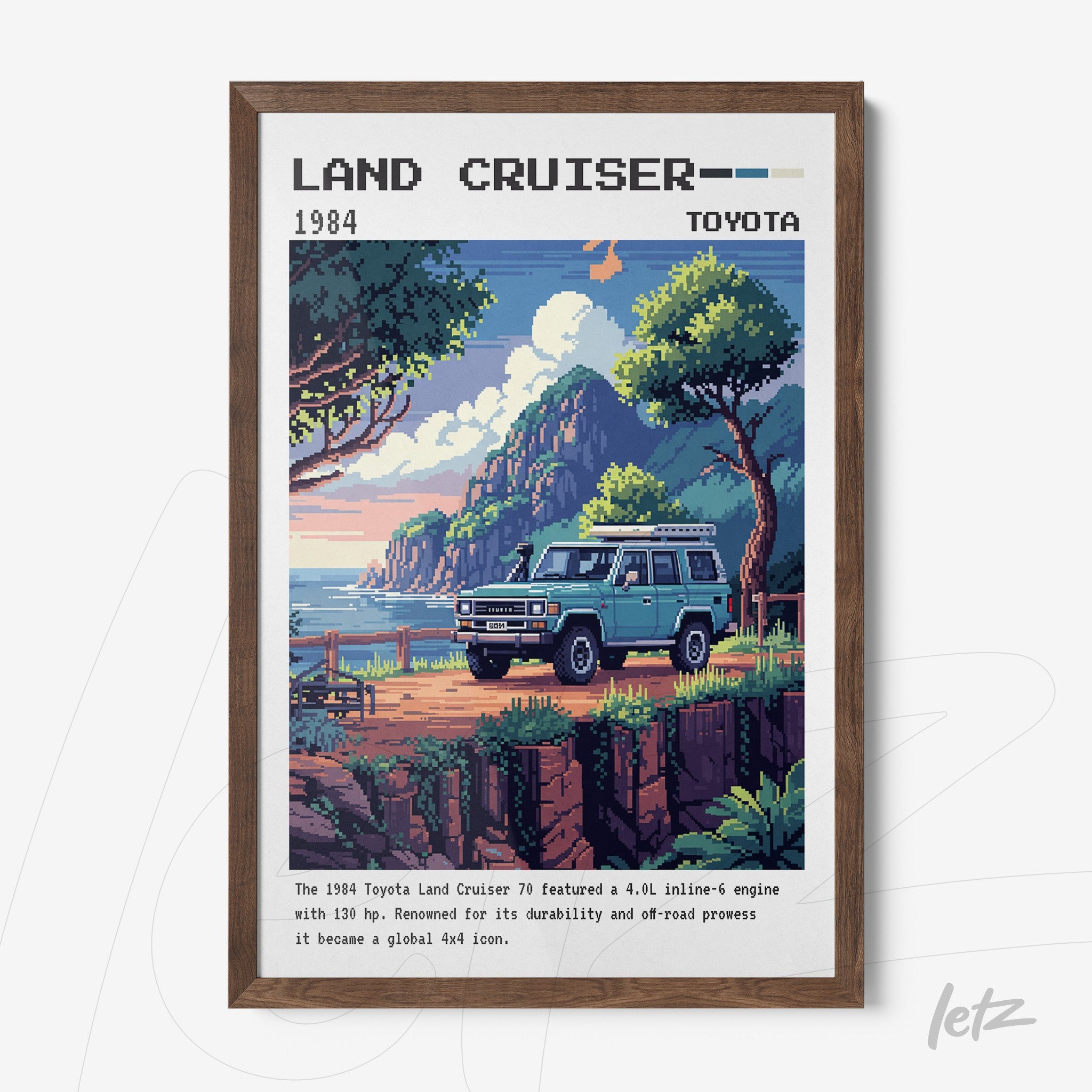 pixel art of 1984 Toyota Land Cruiser in dark wood frame