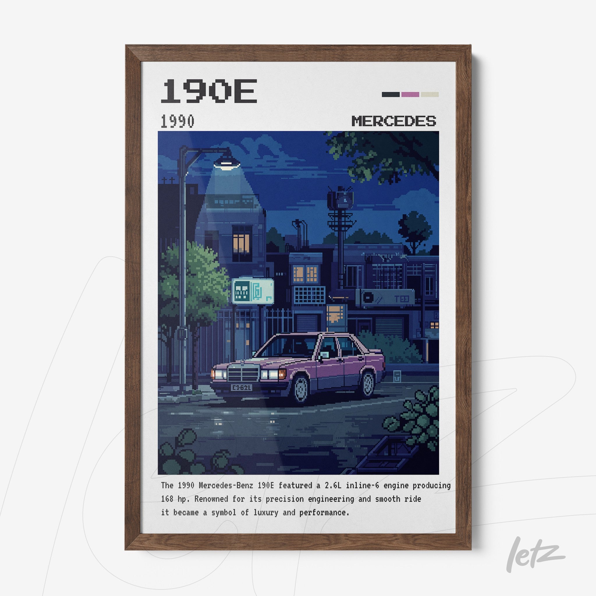 pixel art framed illustration of a Mercedes-Benz 190E in a night scene with dark wooden frame