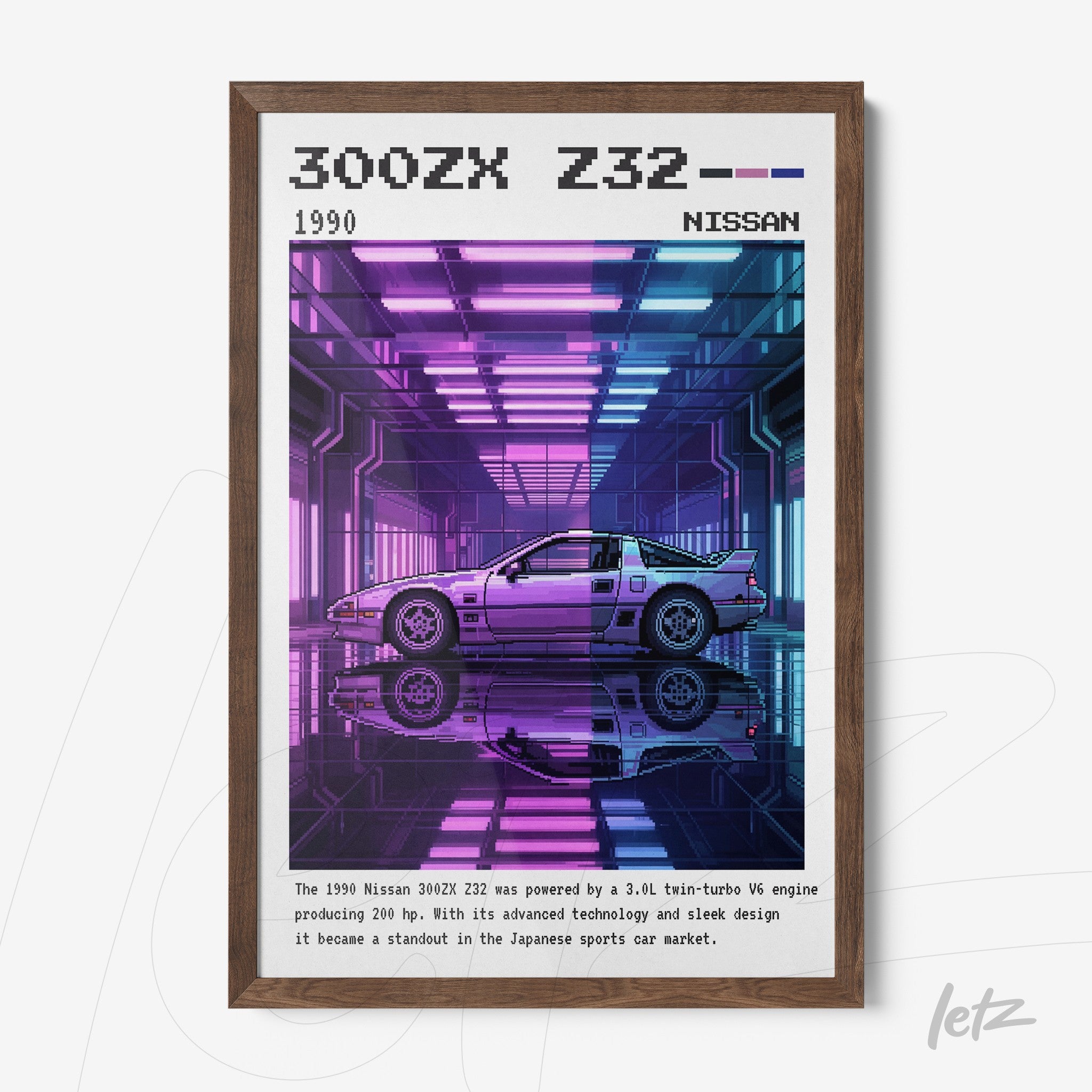framed digital art of a Nissan 300ZX Z32 sports car bathed in blue and purple neon light showcasing a futuristic atmosphere