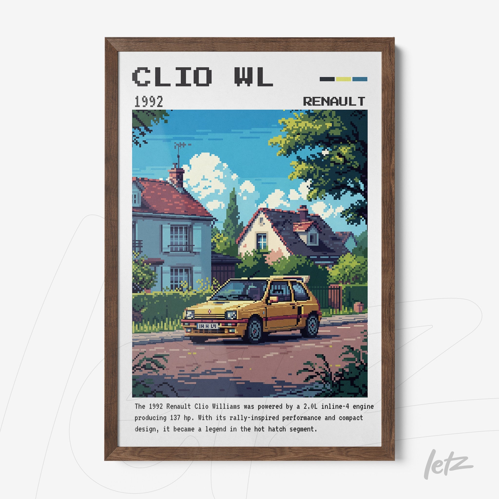 framed wall art of a 1992 Renault Clio Williams, featuring a detailed urban landscape in the background with a vintage aesthetic and dark wood frame