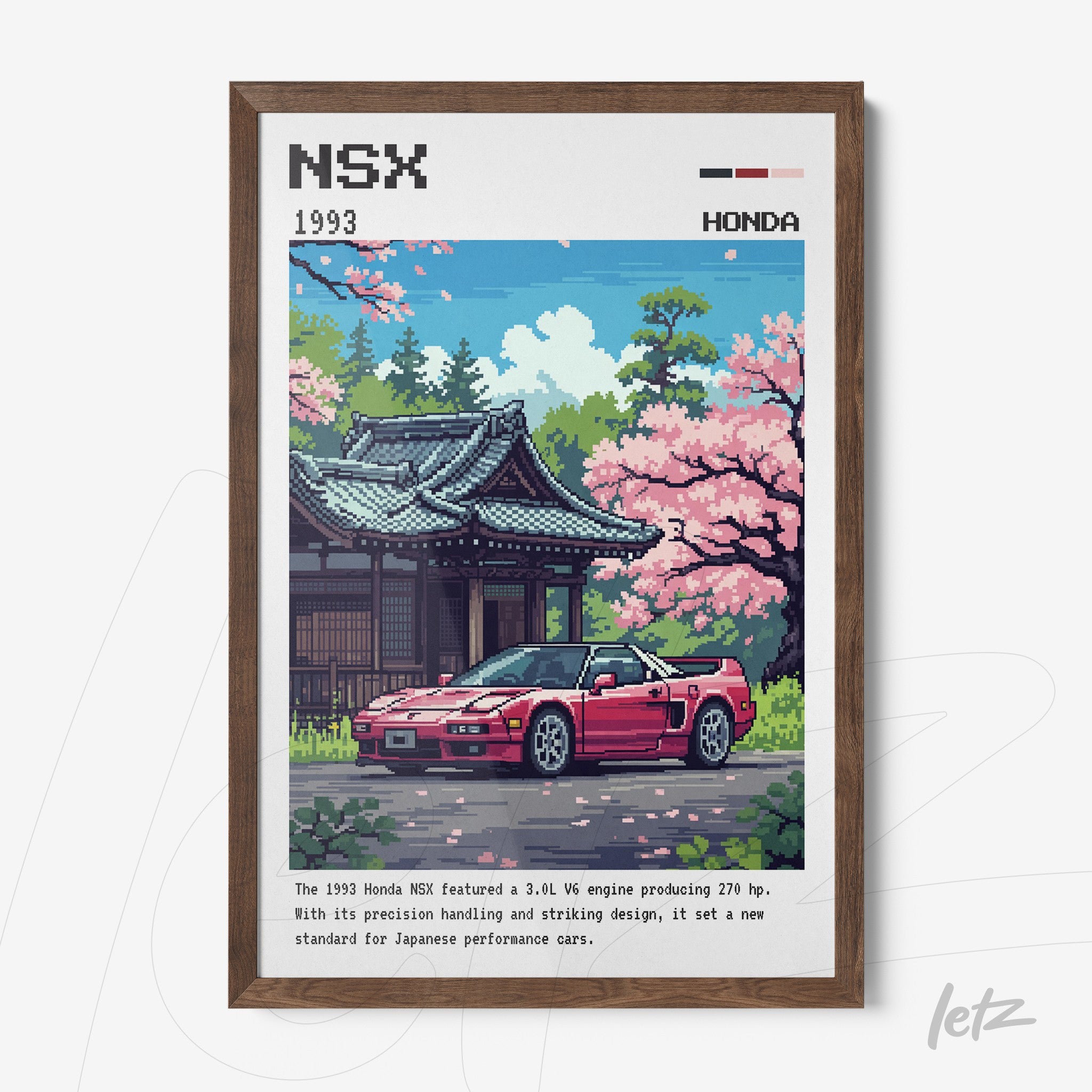 framed pixel art of 1993 Honda NSX in front of a Japanese temple with cherry blossoms and dark wood frame