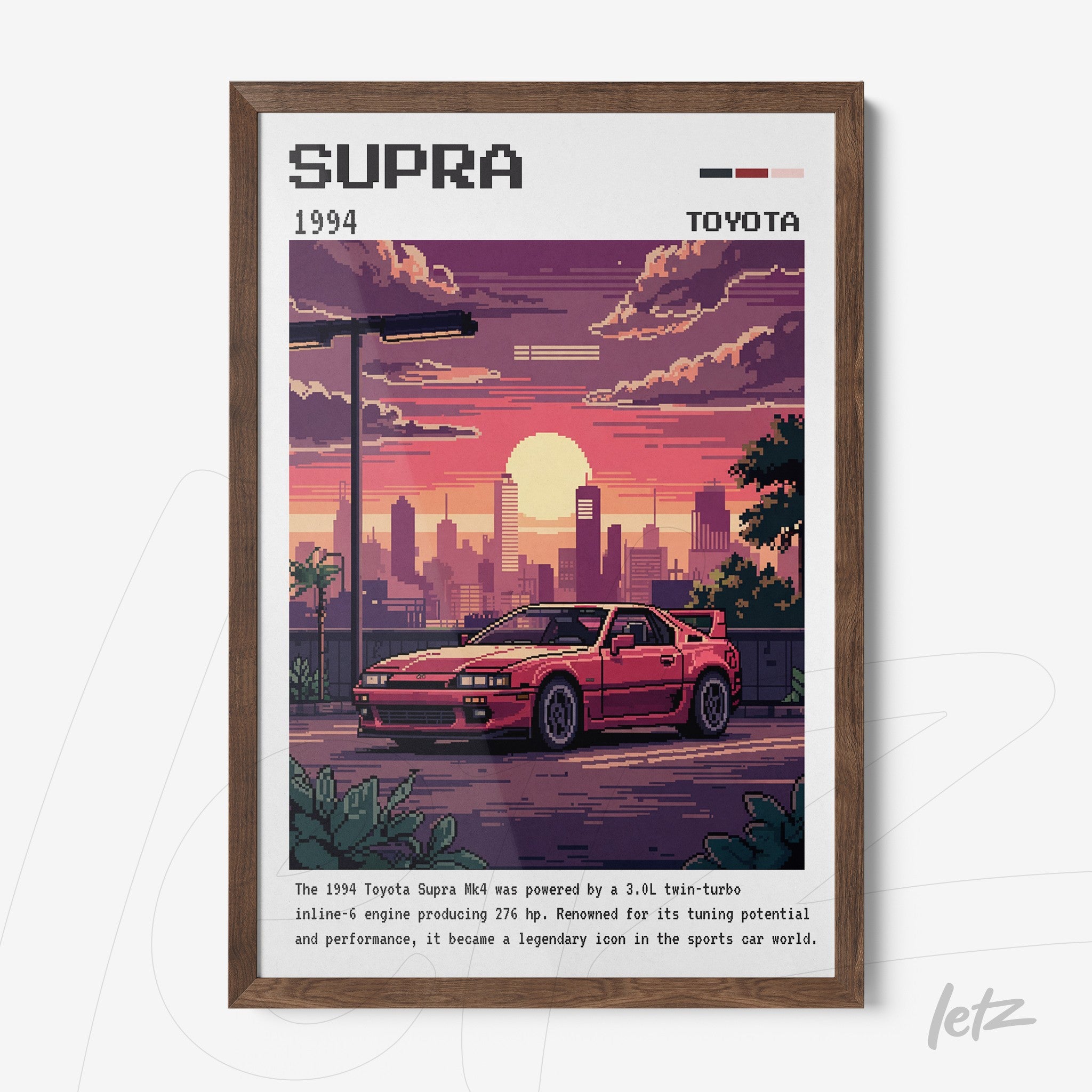 pixel art framed print of a 1994 Toyota Supra sports car in an urban sunset scene with dark wood frame