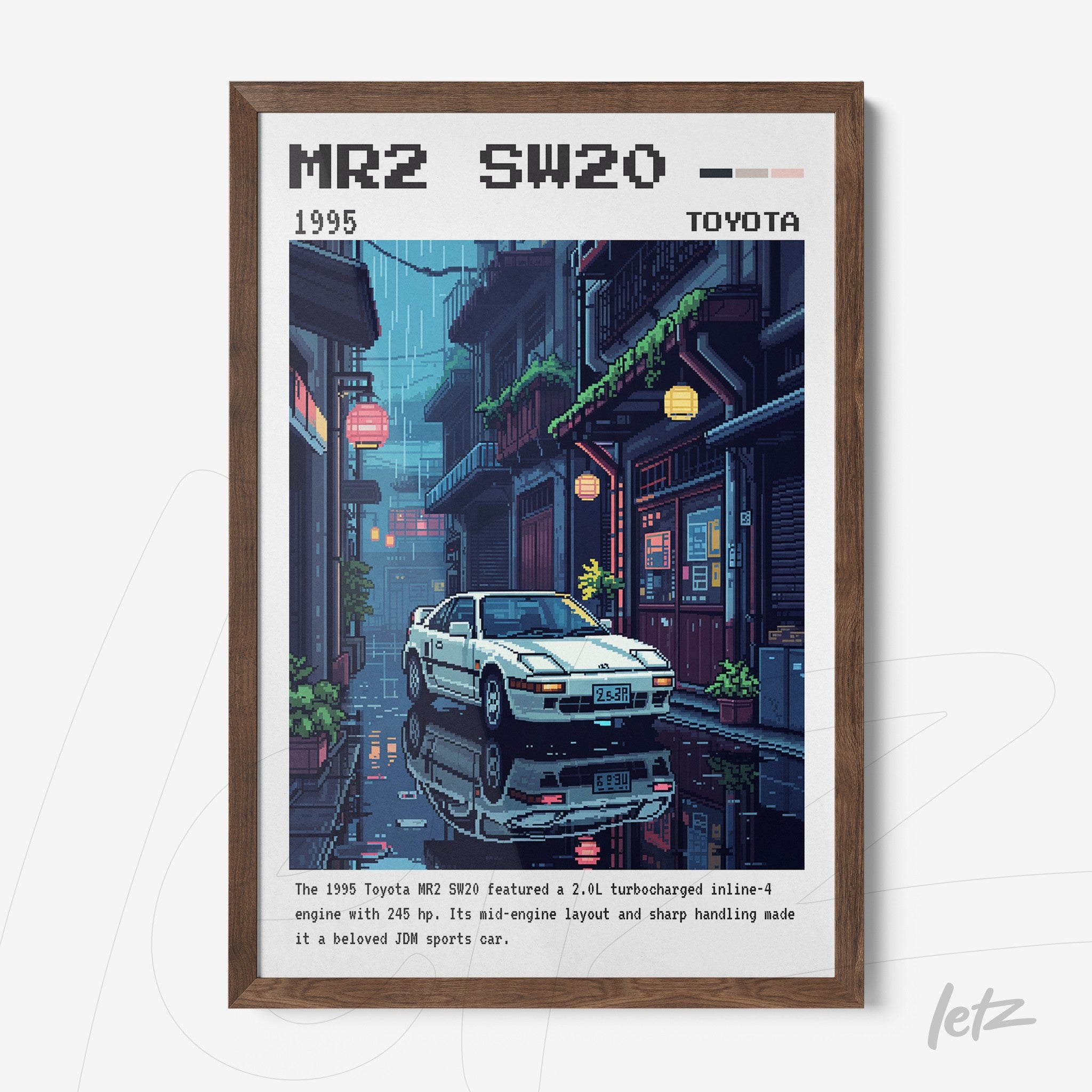 framed artwork depicting the Toyota MR2 sports car in a nighttime urban scene with dark wooden frame