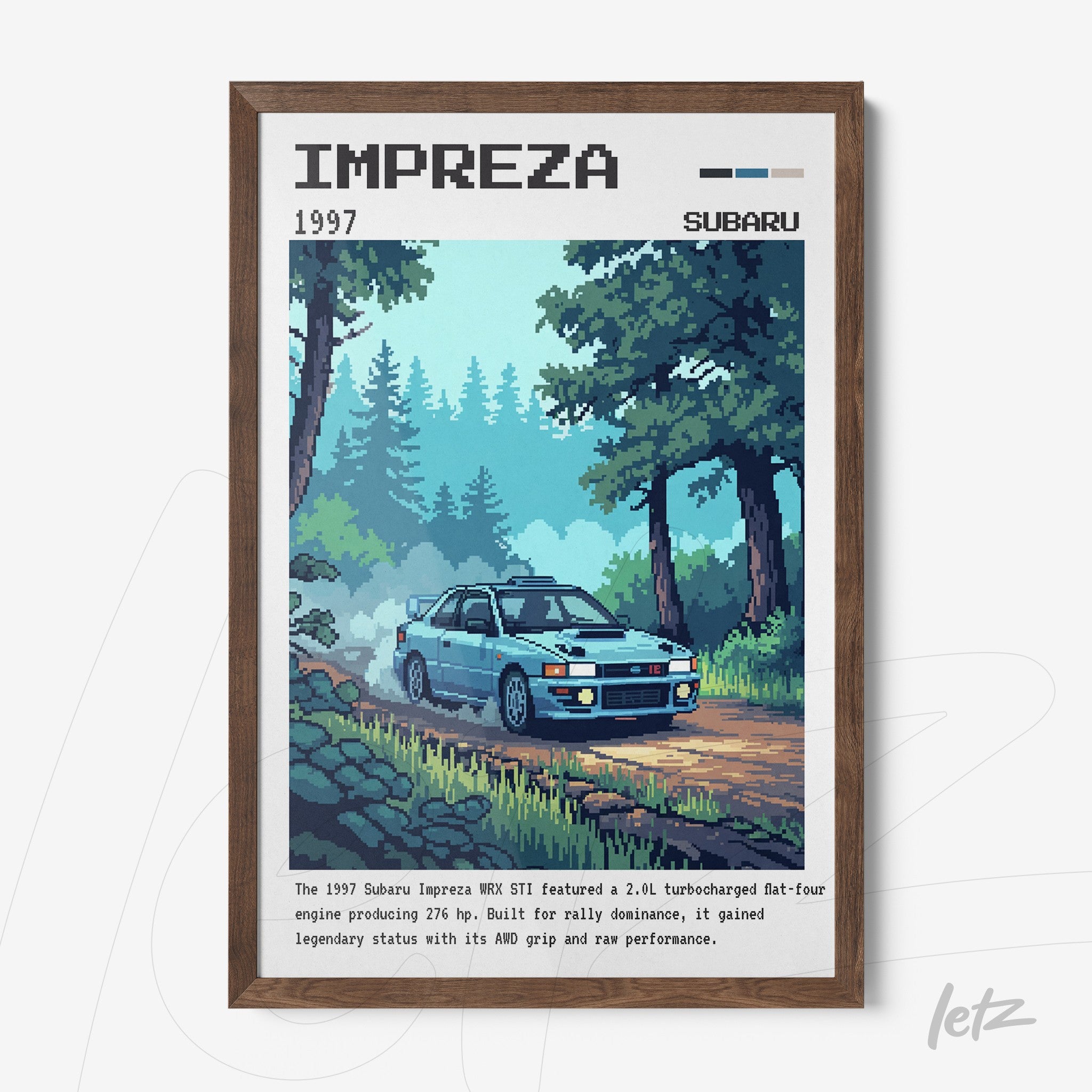 framed pixel art of the 1997 Subaru Impreza with dark wood frame