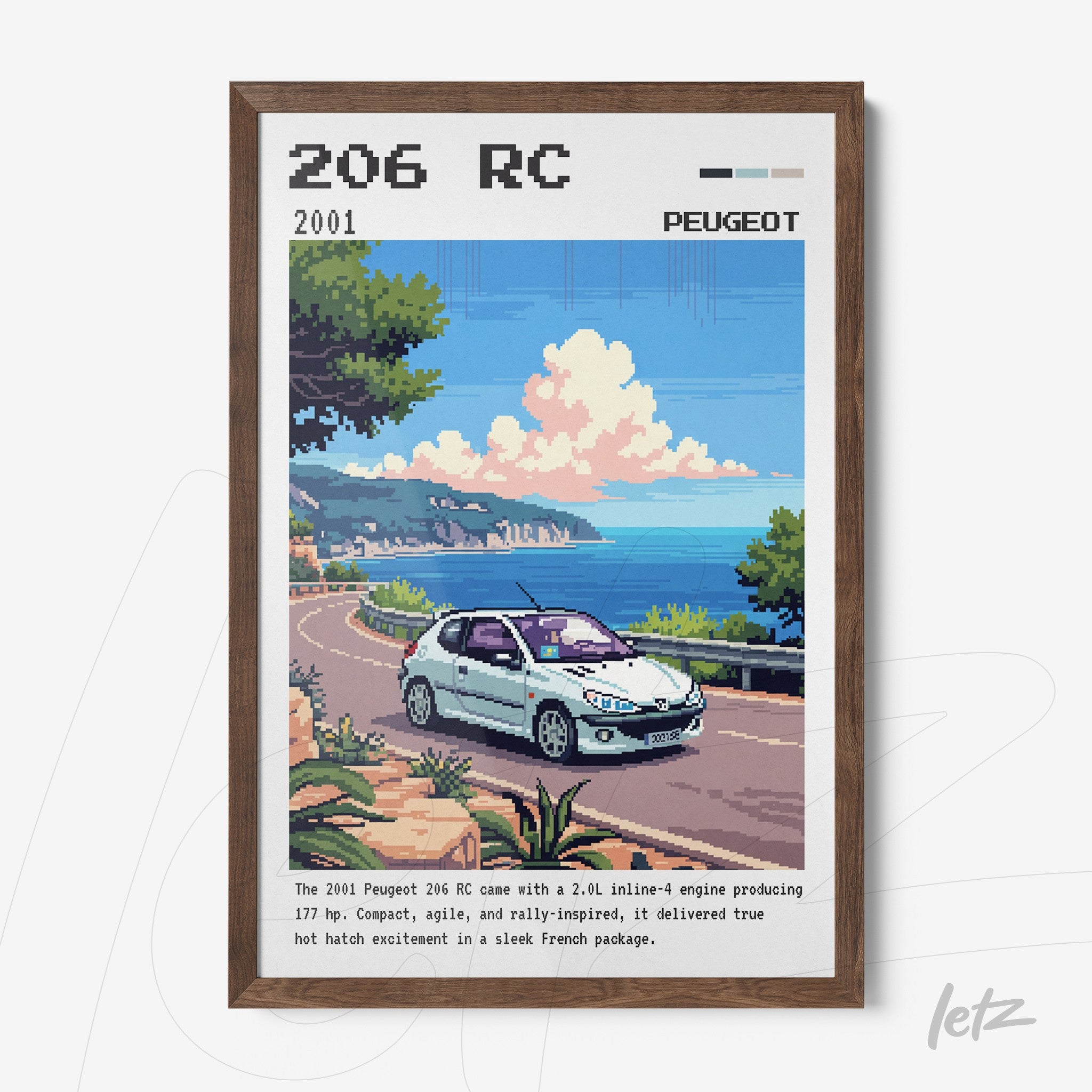 framed digital art of a Peugeot 206 RC on a coastal road, featuring a pixel art style with dark wooden frame