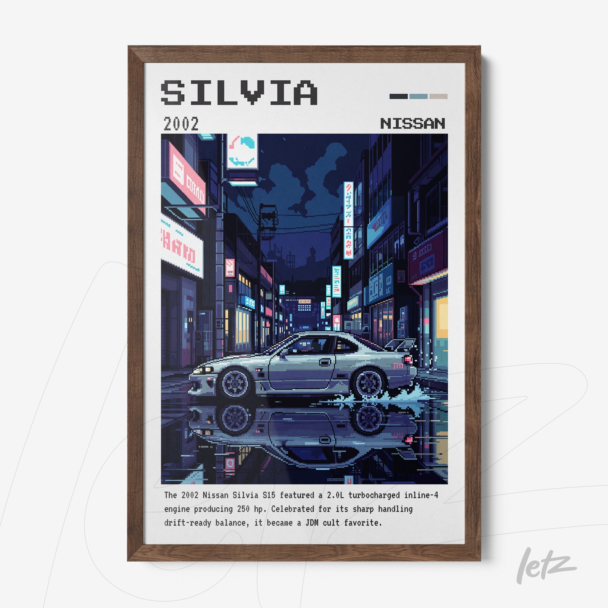 digital artwork of 2002 Nissan Silvia set in a nighttime urban scene with dark wood frame