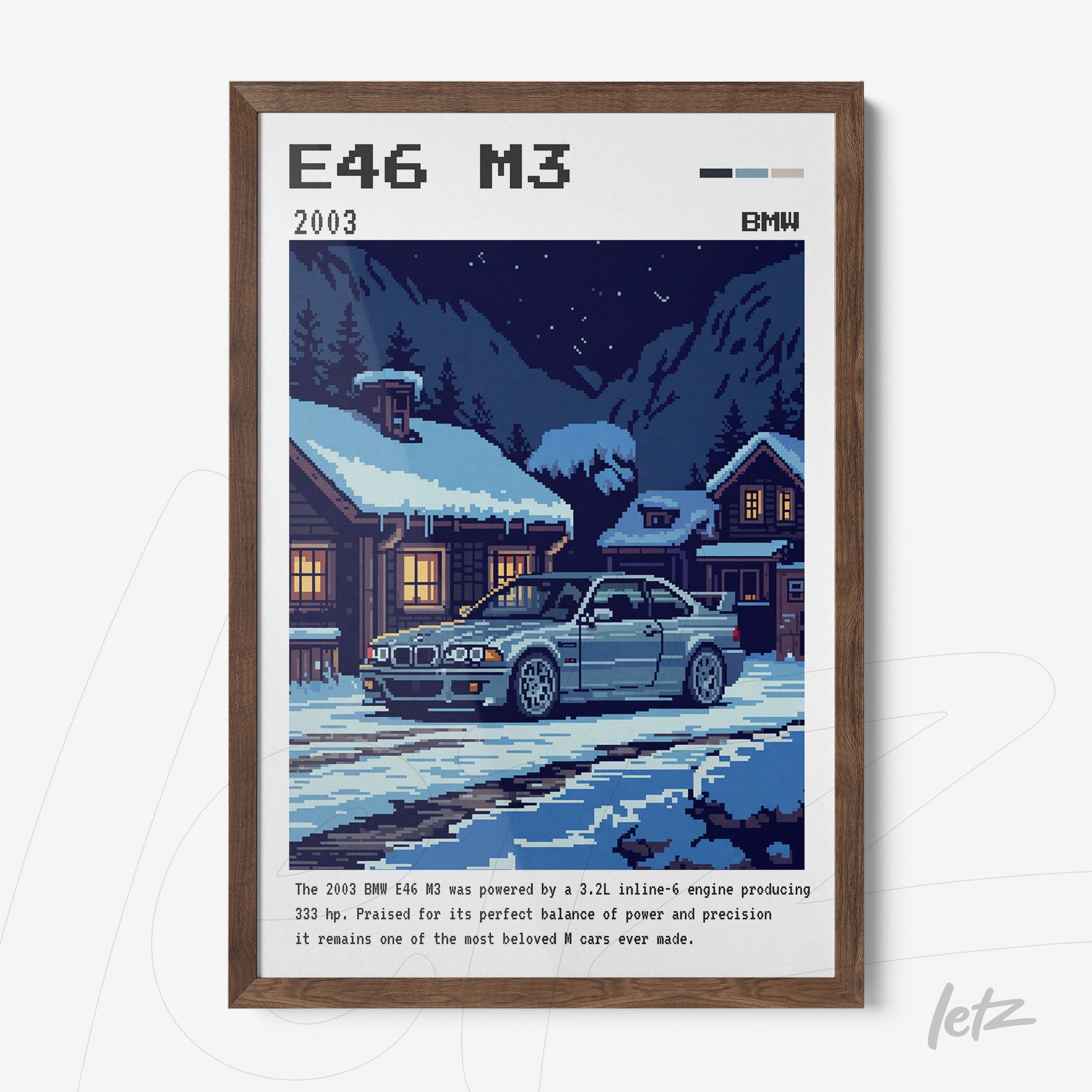framed pixel art of a BMW E46 M3 covered in snow in front of a cabin with a light wood frame