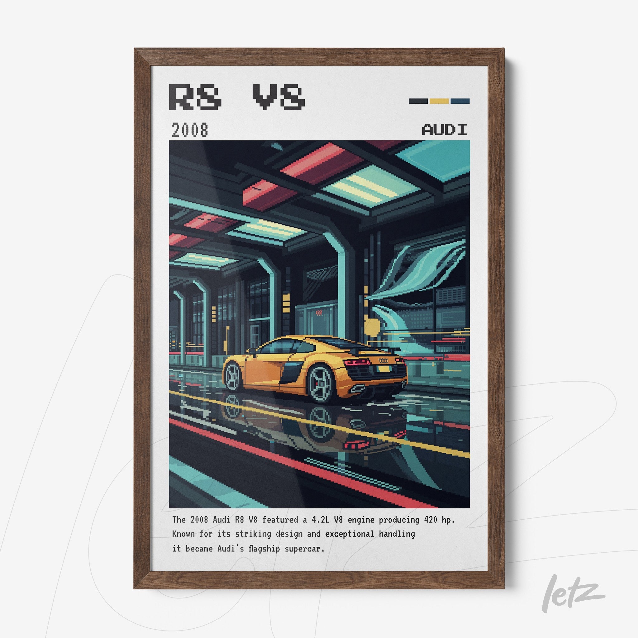 framed digital artwork of Audi R8 V8 sports car with dark wood frame
