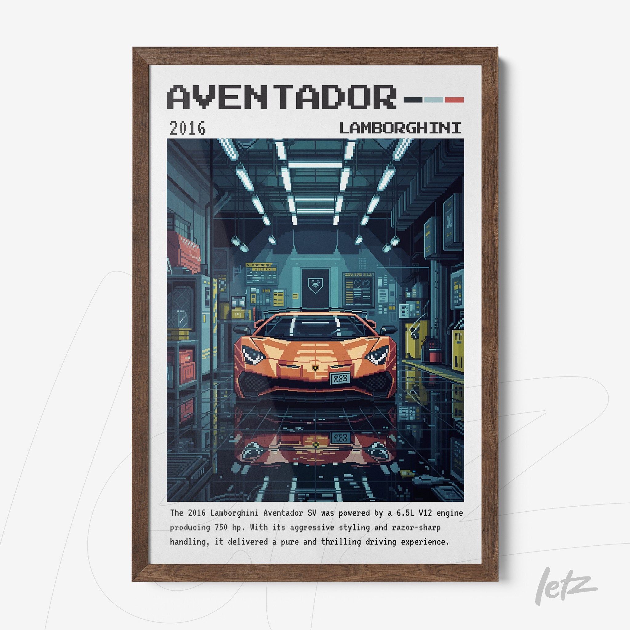 framed artwork of a Lamborghini Aventador in a garage setting with dark wood frame