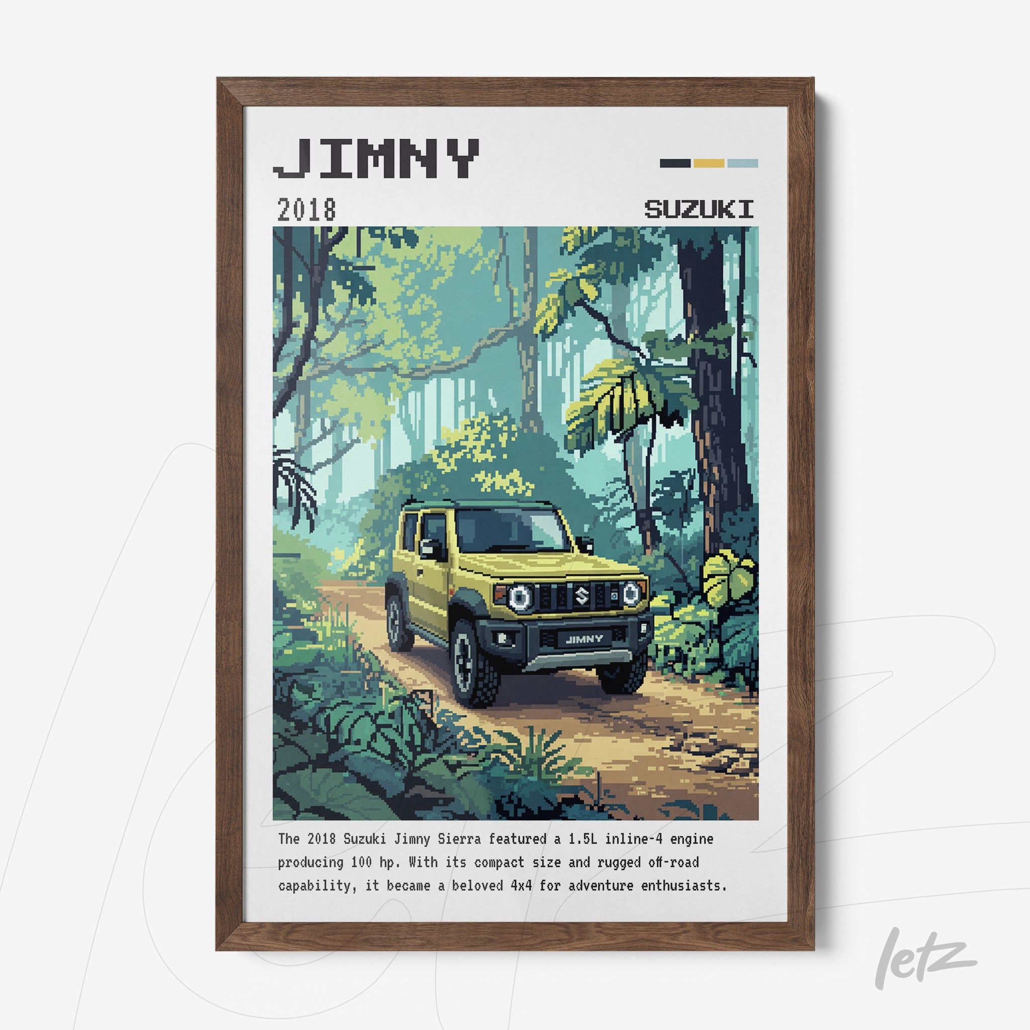 framed retro style digital art of Suzuki Jimny car in a lush green forest